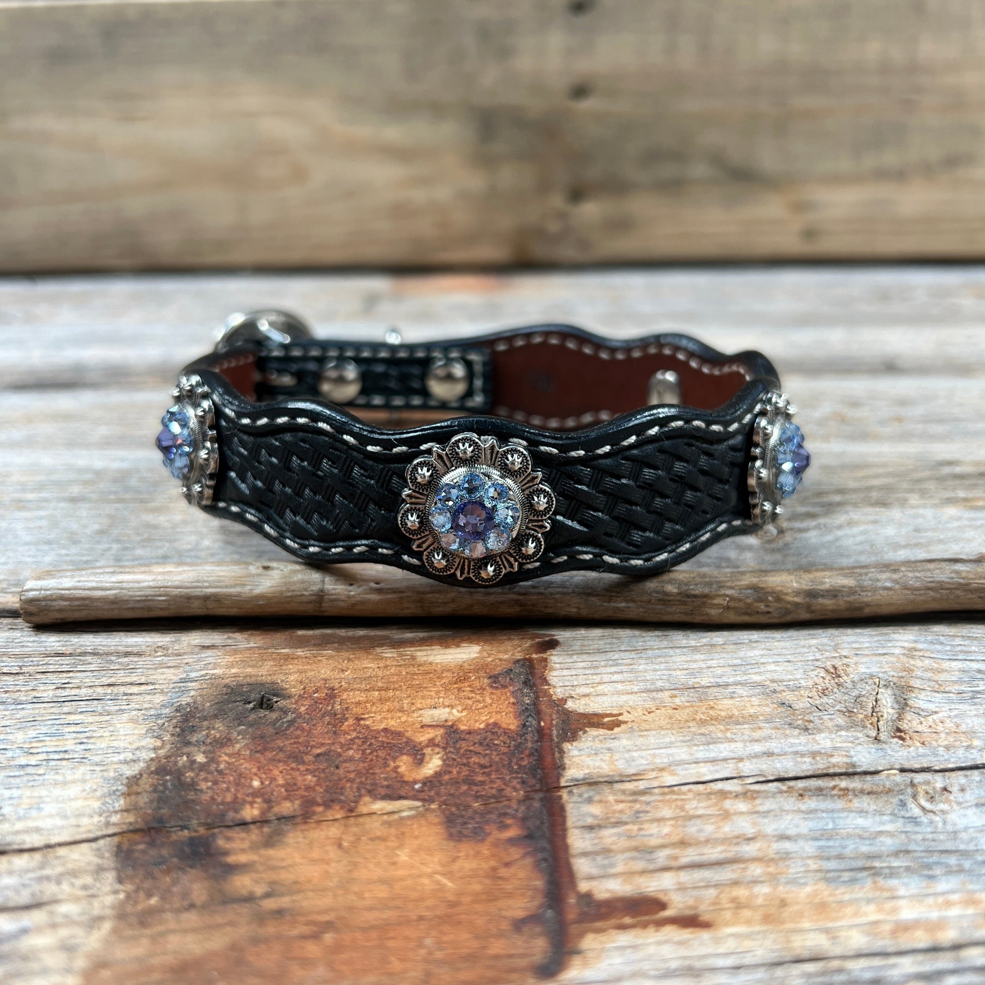 Leather Dog Collar With Antique Silver Lilac and Light Sapphire Conchos 10" to 22" -DC50