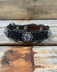 Leather Dog Collar With Antique Silver Lilac and Light Sapphire Conchos 10" to 22" -DC50