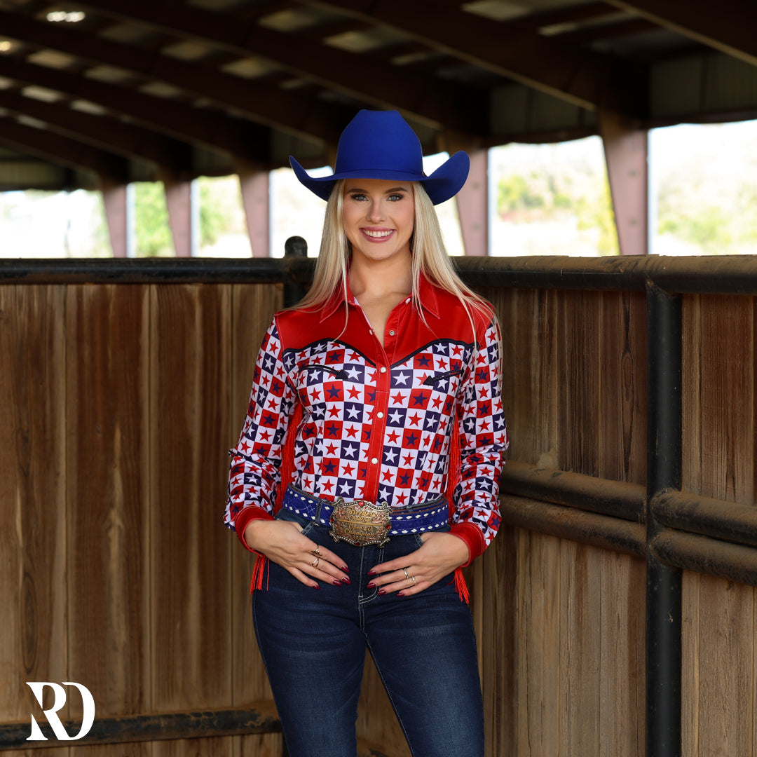 PATRIOTIC PLAID WITH FRINGE PERFORMANCE RODEO SHIRT