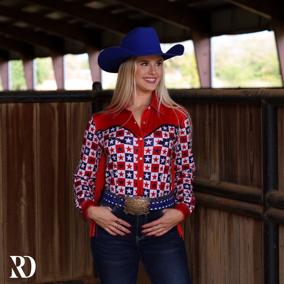 PATRIOTIC PLAID WITH FRINGE PERFORMANCE RODEO SHIRT