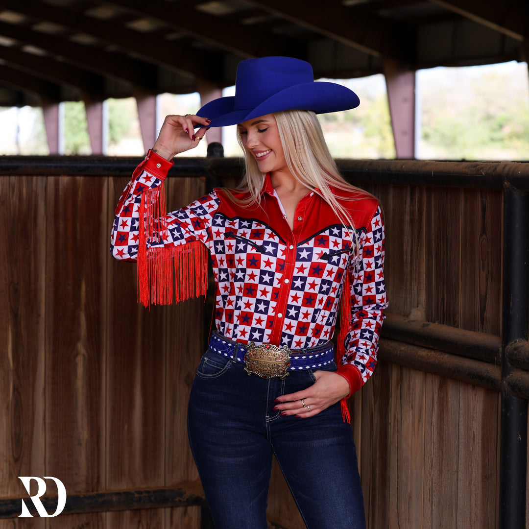PATRIOTIC PLAID WITH FRINGE PERFORMANCE RODEO SHIRT