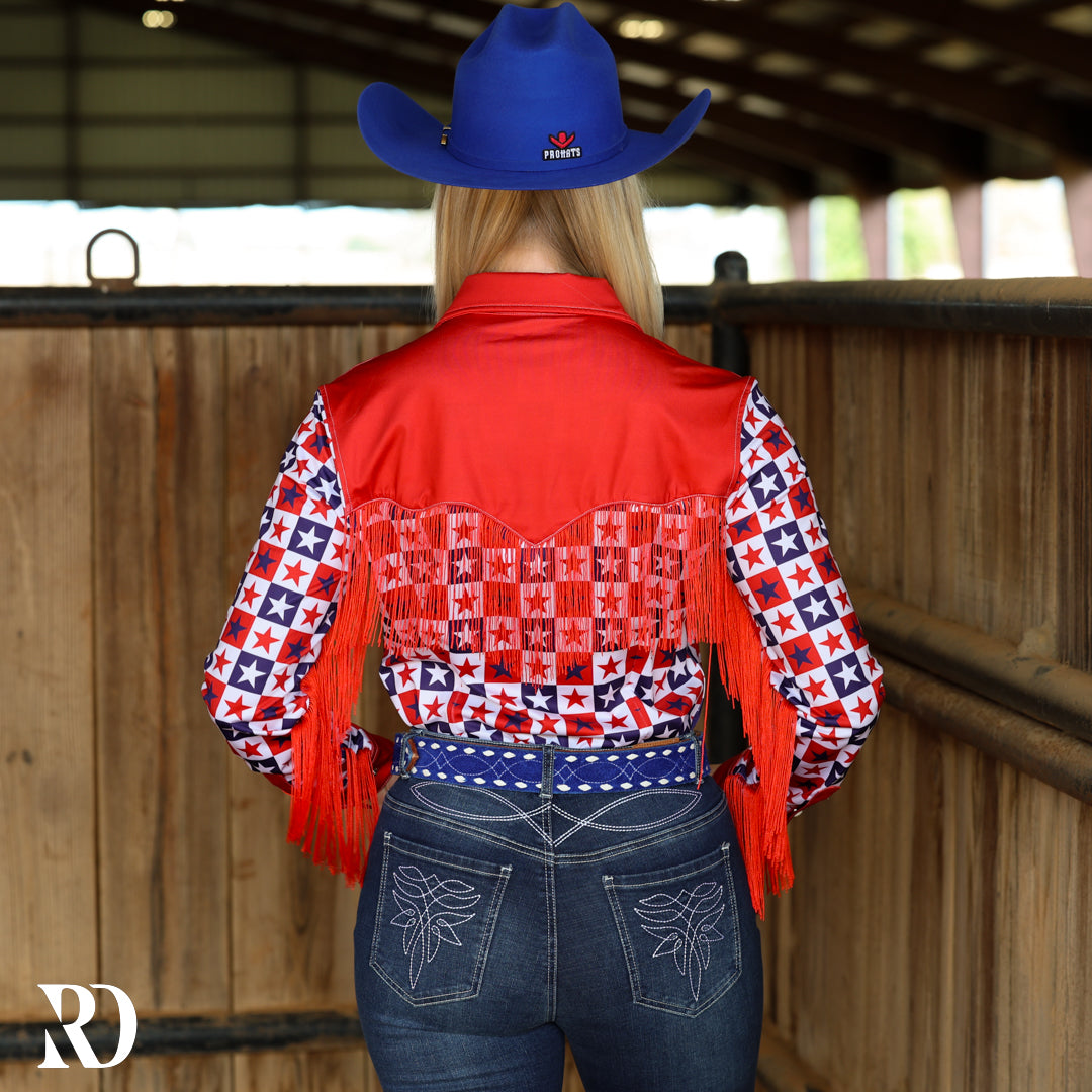 PATRIOTIC PLAID WITH FRINGE PERFORMANCE RODEO SHIRT