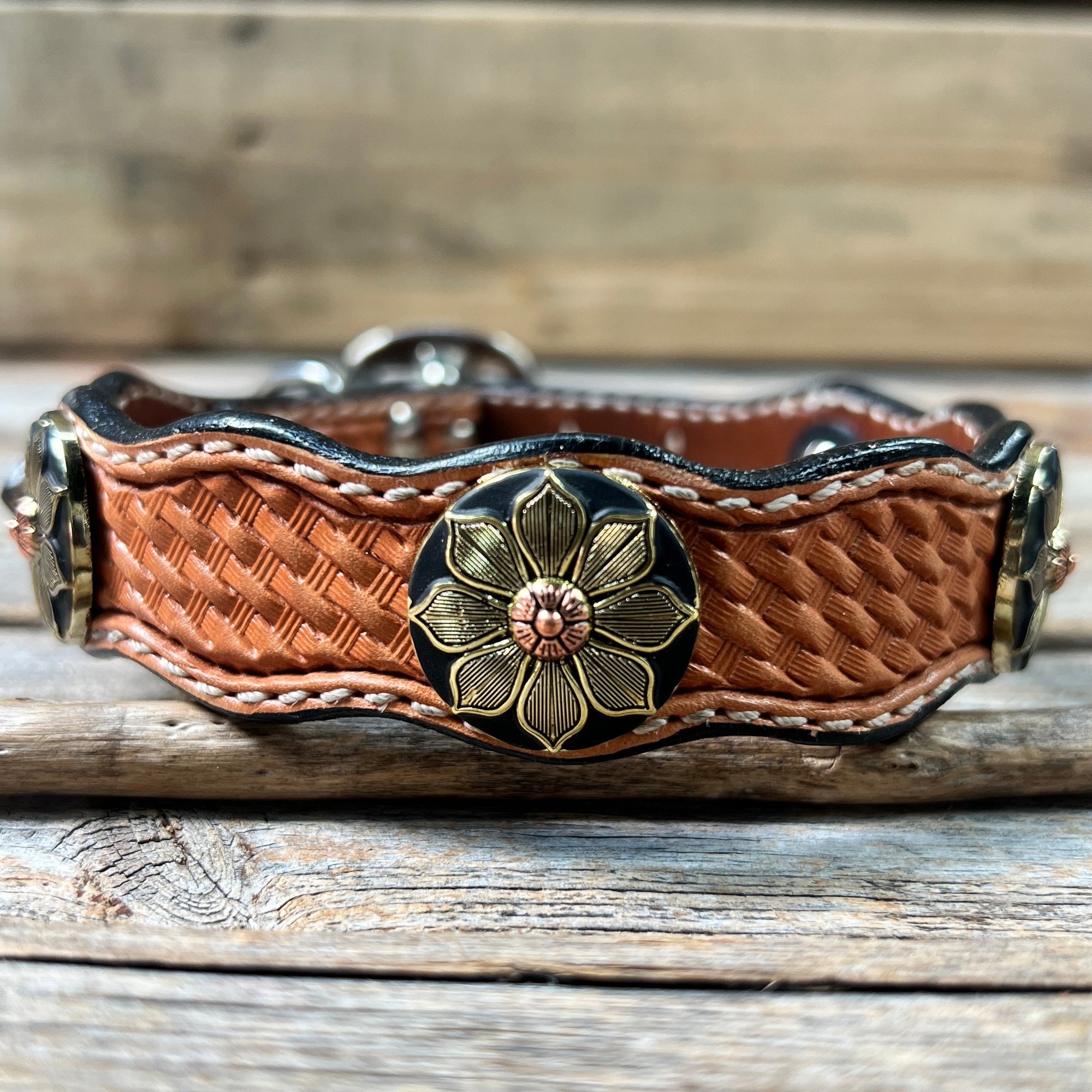 Leather Dog Collar With Copper Flower Conchos 10" to 22" W125S -DC52