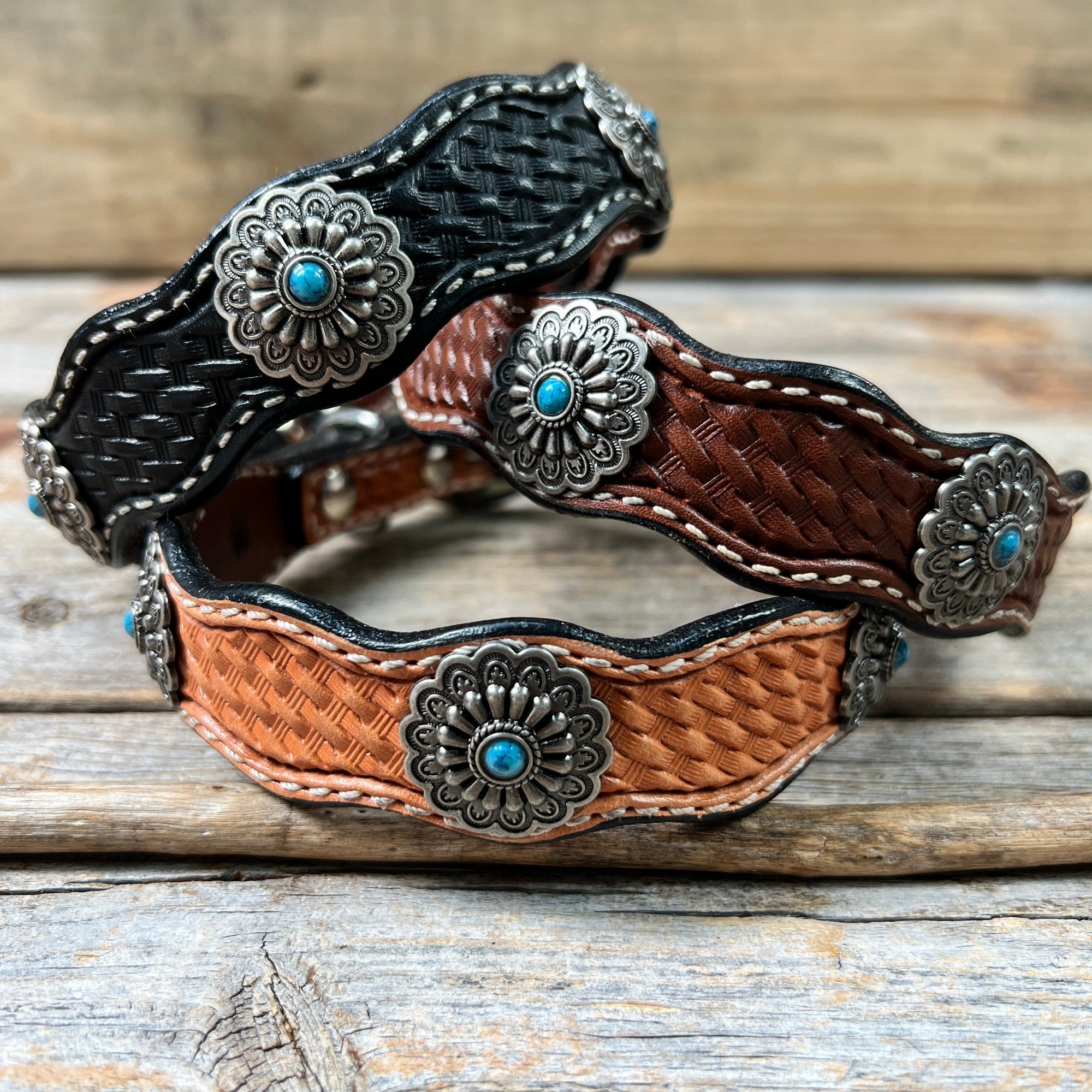 Leather Dog Collar With Antique Silver Floral Conchos 10" to 22" W203S -DC54