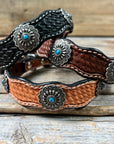 Leather Dog Collar With Antique Silver Floral Conchos 10" to 22" W203S -DC54