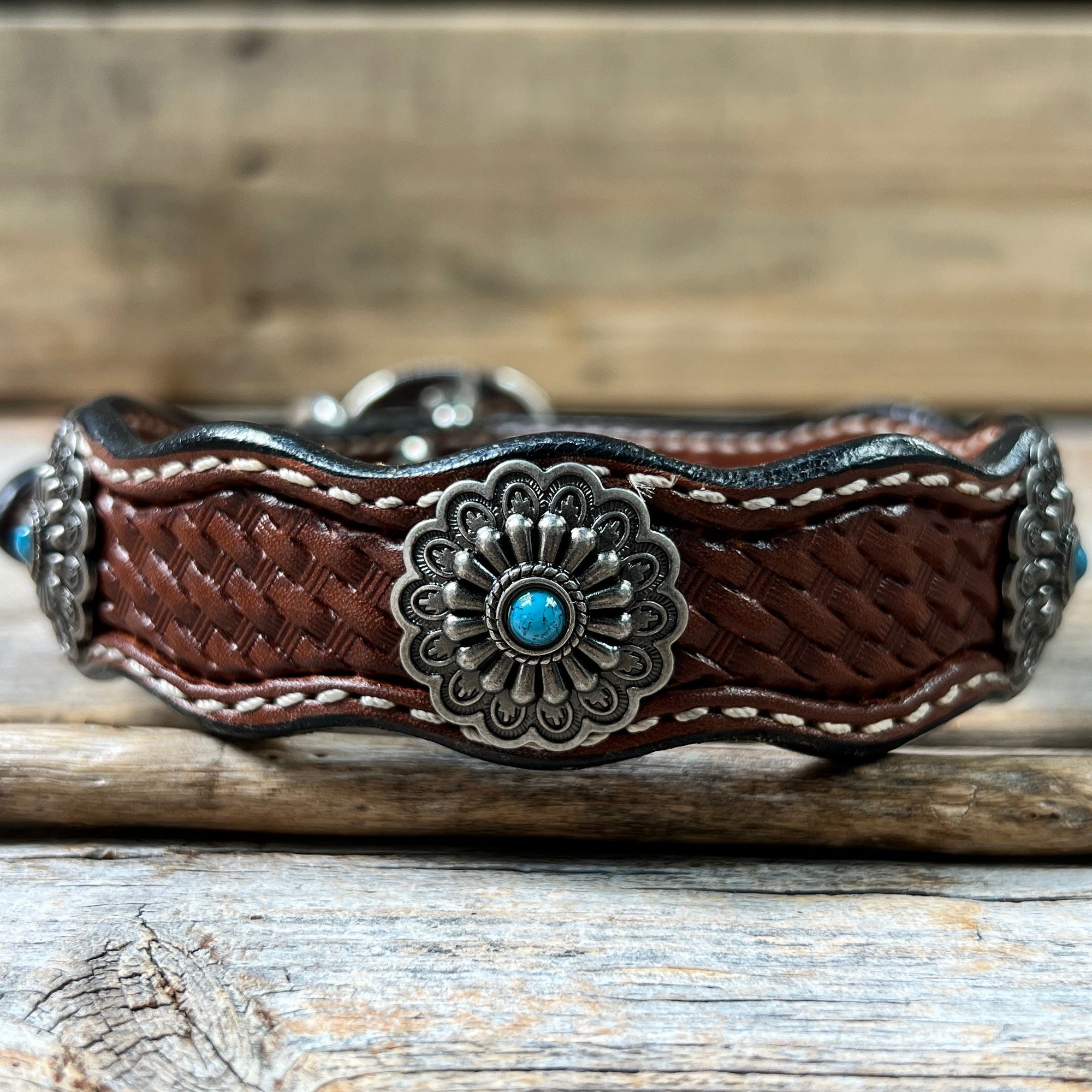 Leather Dog Collar With Antique Silver Floral Conchos 10" to 22" W203S -DC54