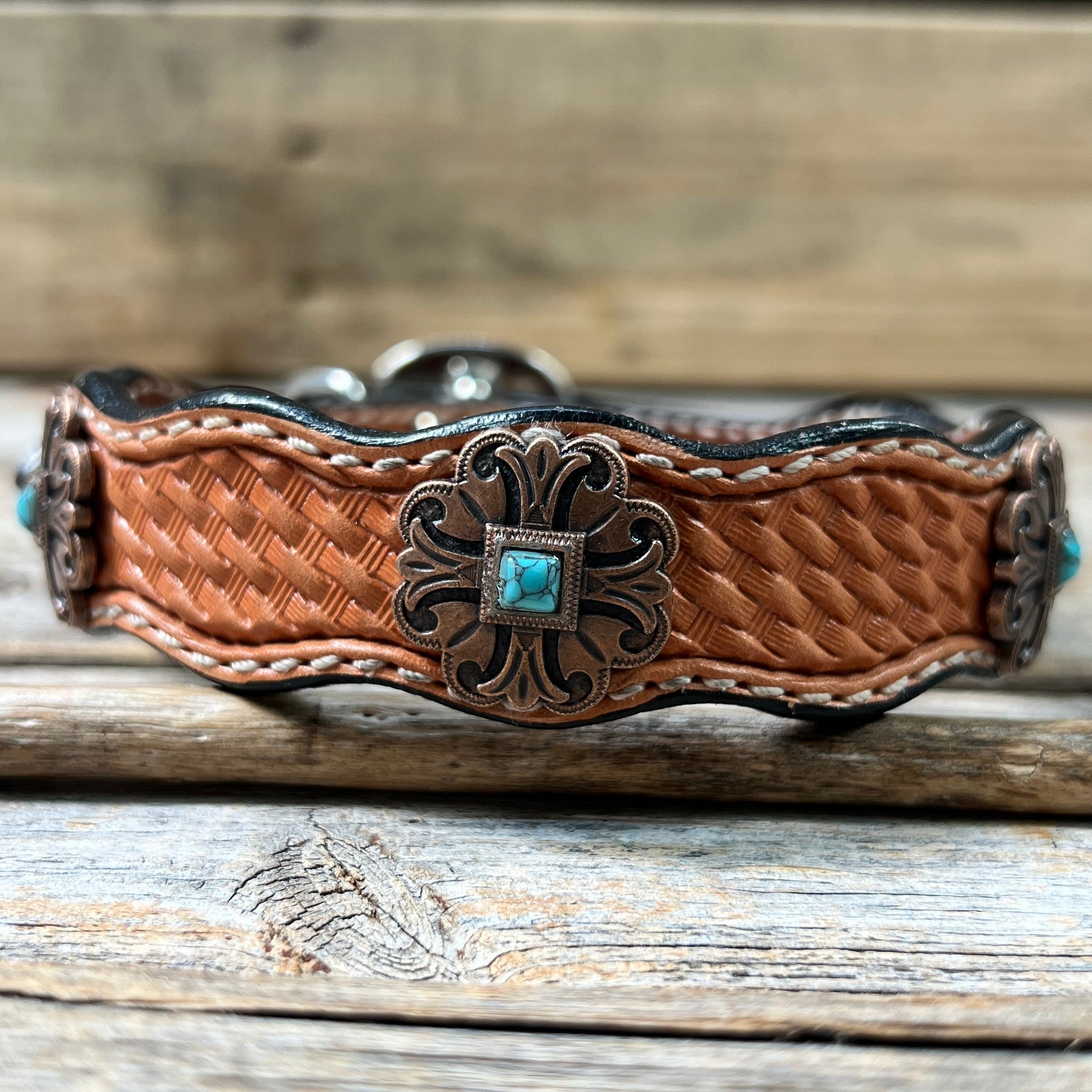 Leather Dog Collar With Copper Fleur De Lis Conchos 10" to 22" W141S -DC55