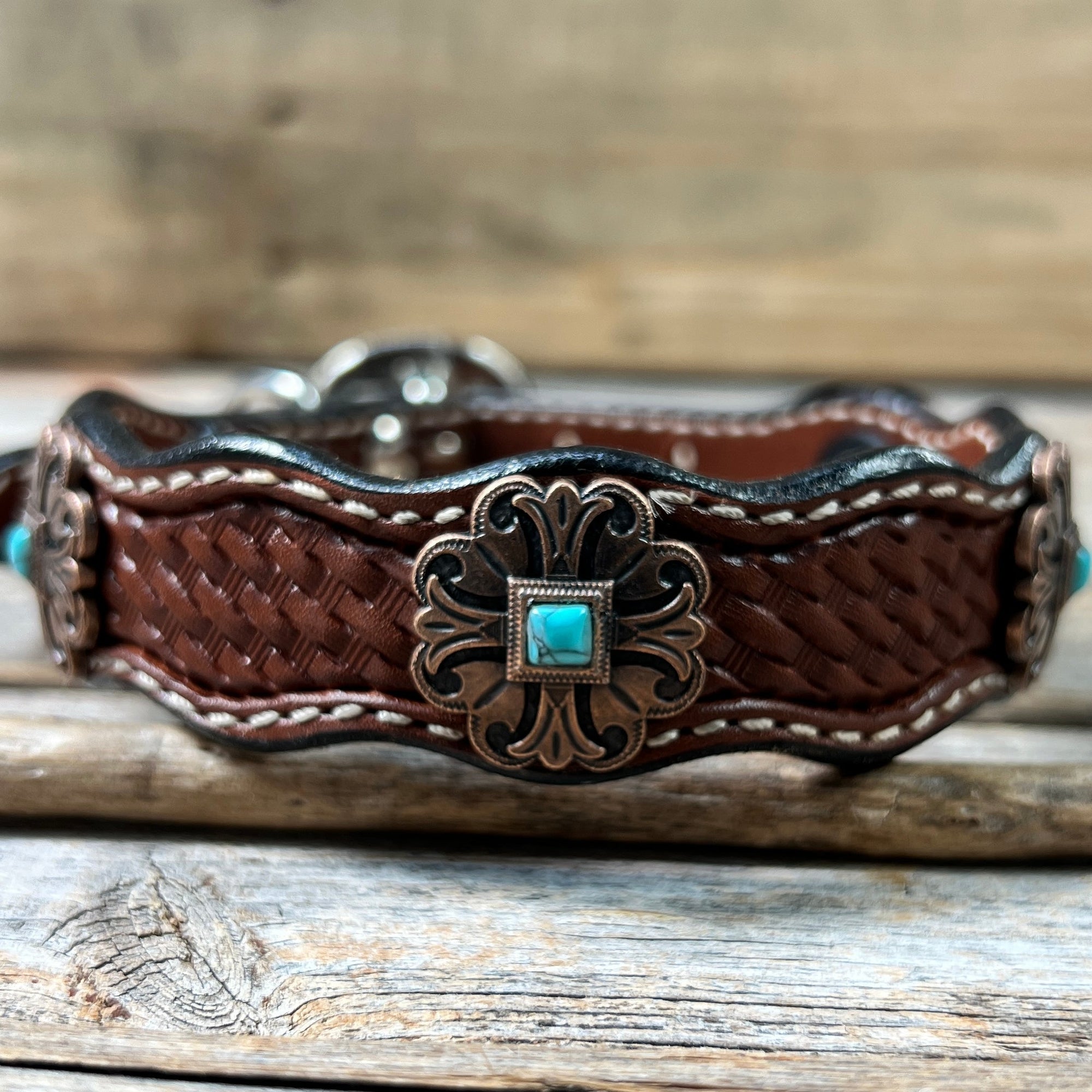Leather Dog Collar With Copper Fleur De Lis Conchos 10" to 22" W141S -DC55