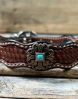 Leather Dog Collar With Copper Fleur De Lis Conchos 10" to 22" W141S -DC55