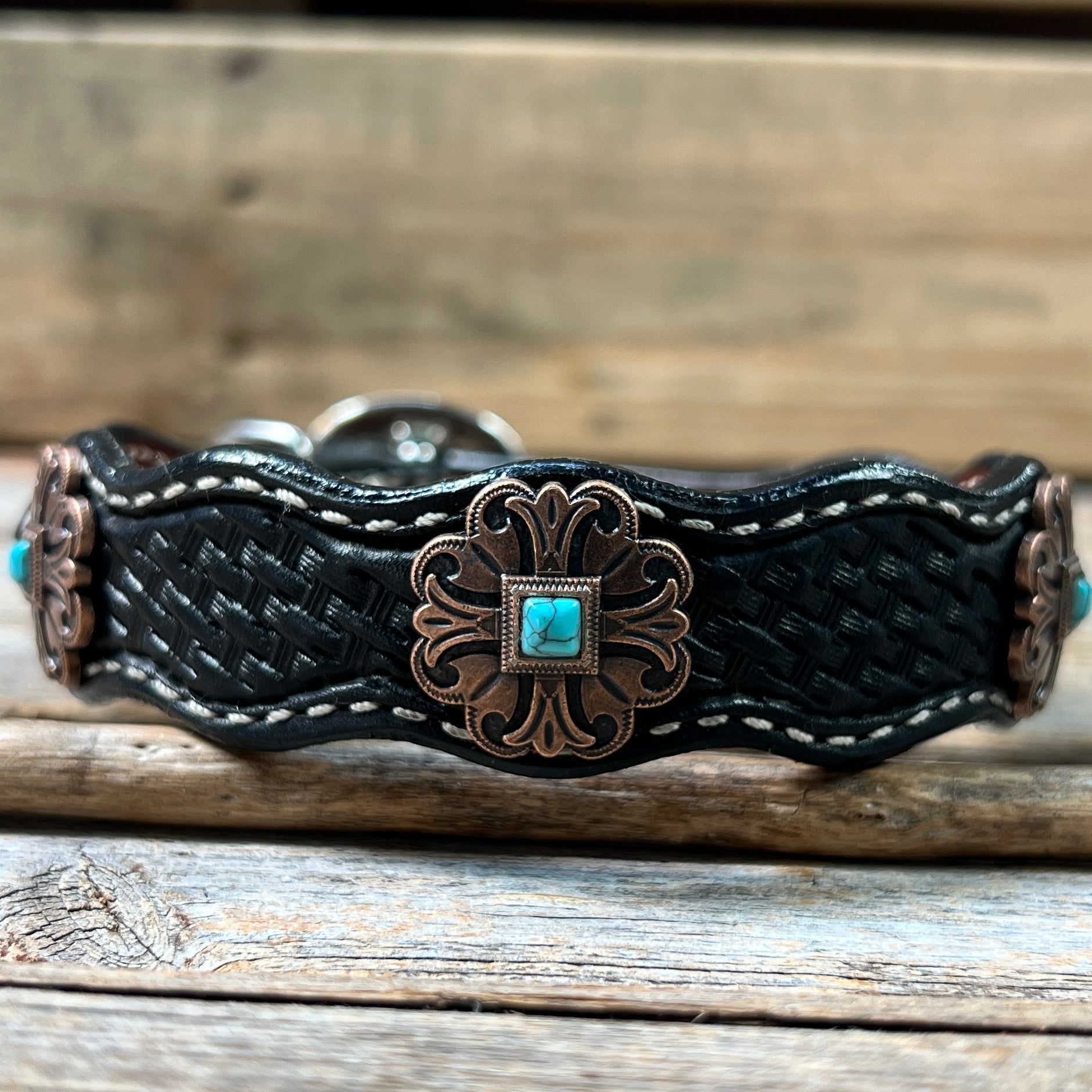 Leather Dog Collar With Copper Fleur De Lis Conchos 10" to 22" W141S -DC55