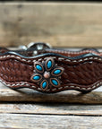 Leather Dog Collar With Copper Turquoise Flower Conchos 10" to 22" W207S -DC56