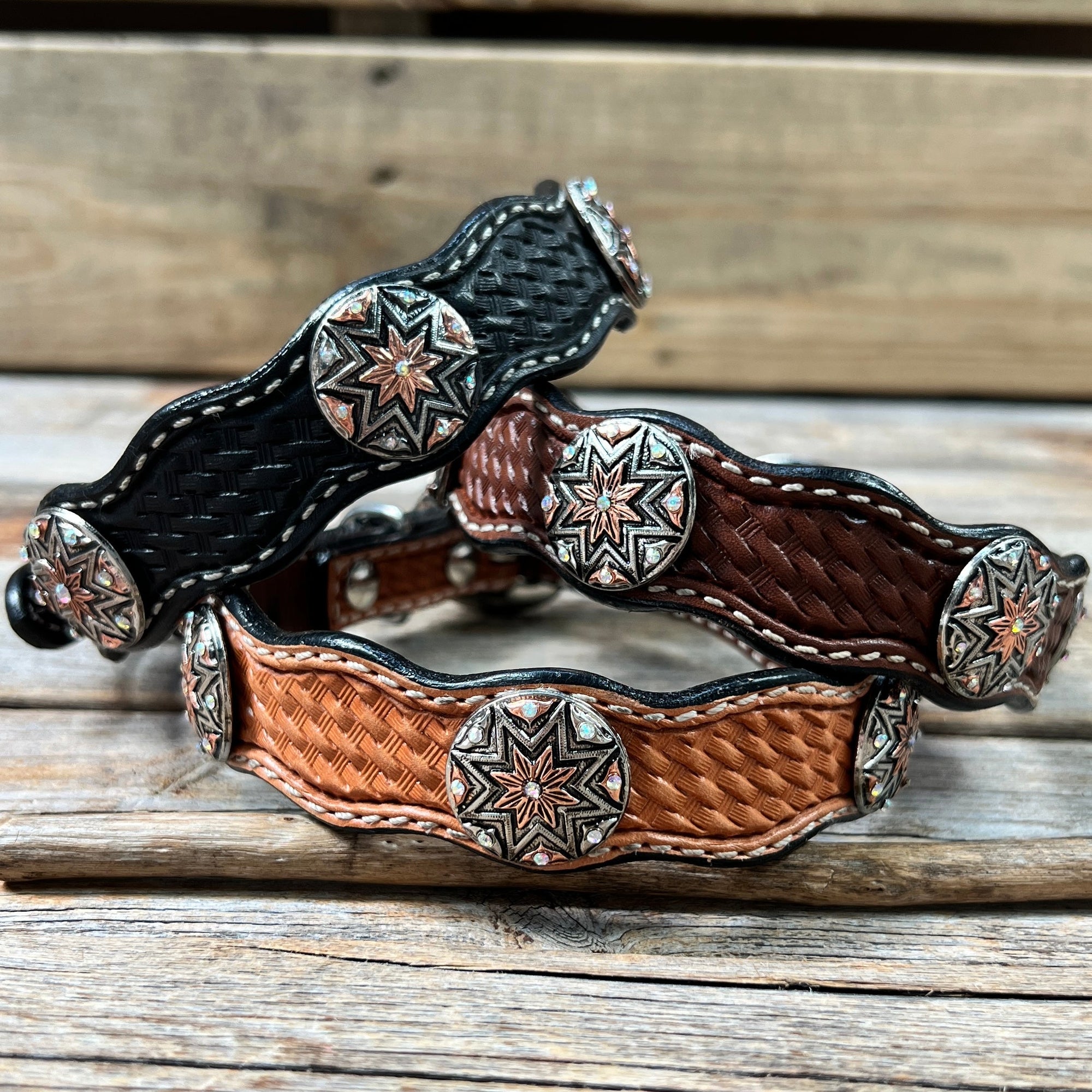 Leather Dog Collar With Antique Silver Starburst Conchos 10" to 22" W185S -DC57