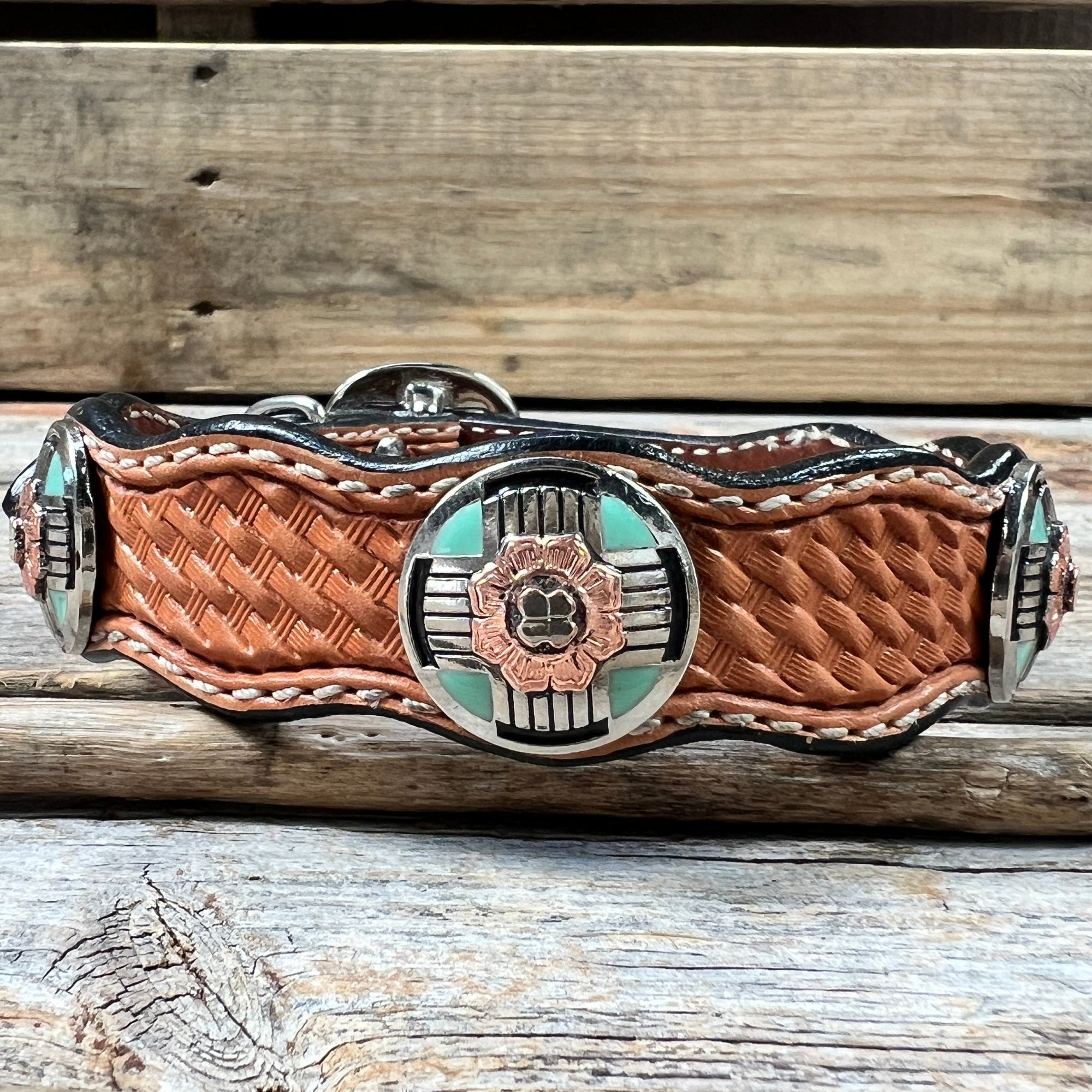 Leather Dog Collar With Antique Silver and Copper Flower Conchos 10" to 22" W190S -DC62