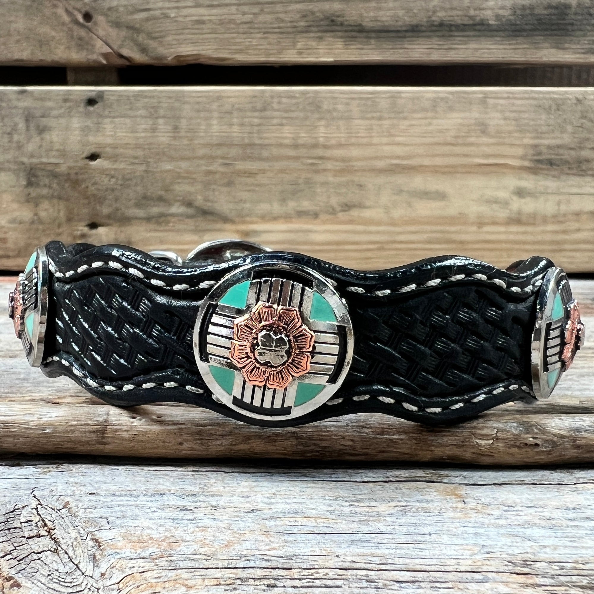 Leather Dog Collar With Antique Silver and Copper Flower Conchos 10" to 22" W190S -DC62