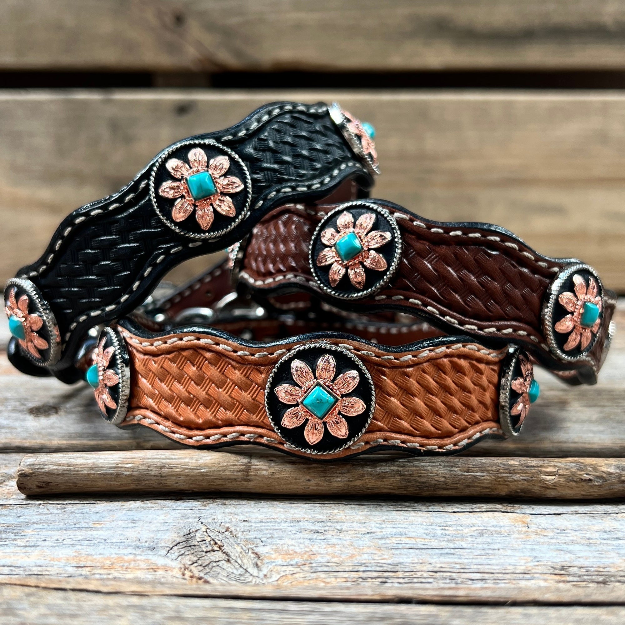 Leather Dog Collar With Copper Turquoise Sunflower Conchos 10" to 22" W188S -DC1006