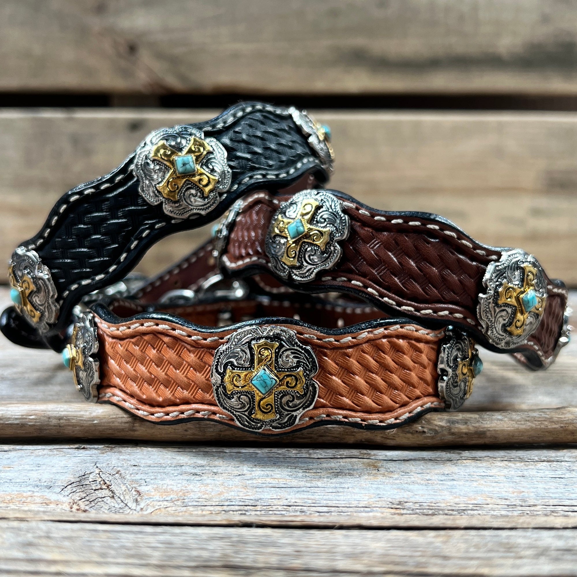 Leather Dog Collar With Gold Cross Conchos 10" to 22" W189S -DC63