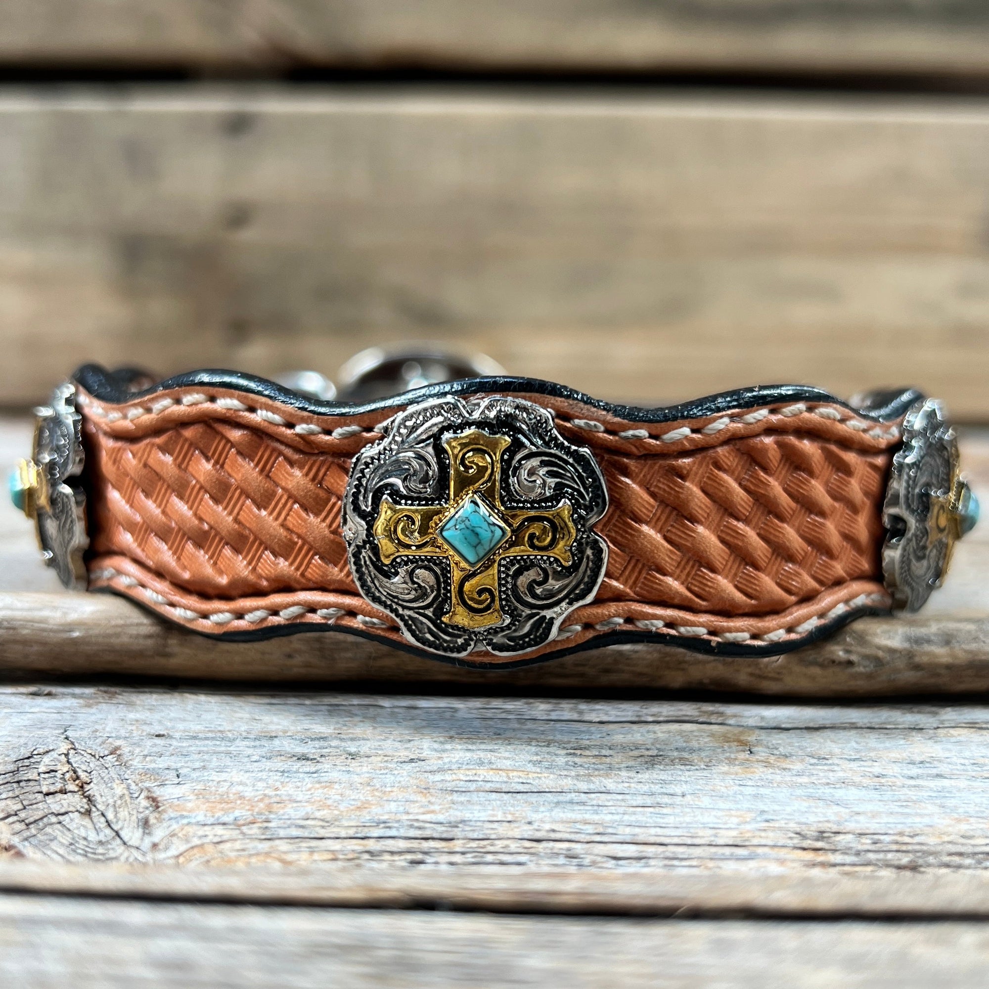 Leather Dog Collar With Gold Cross Conchos 10" to 22" W189S -DC63