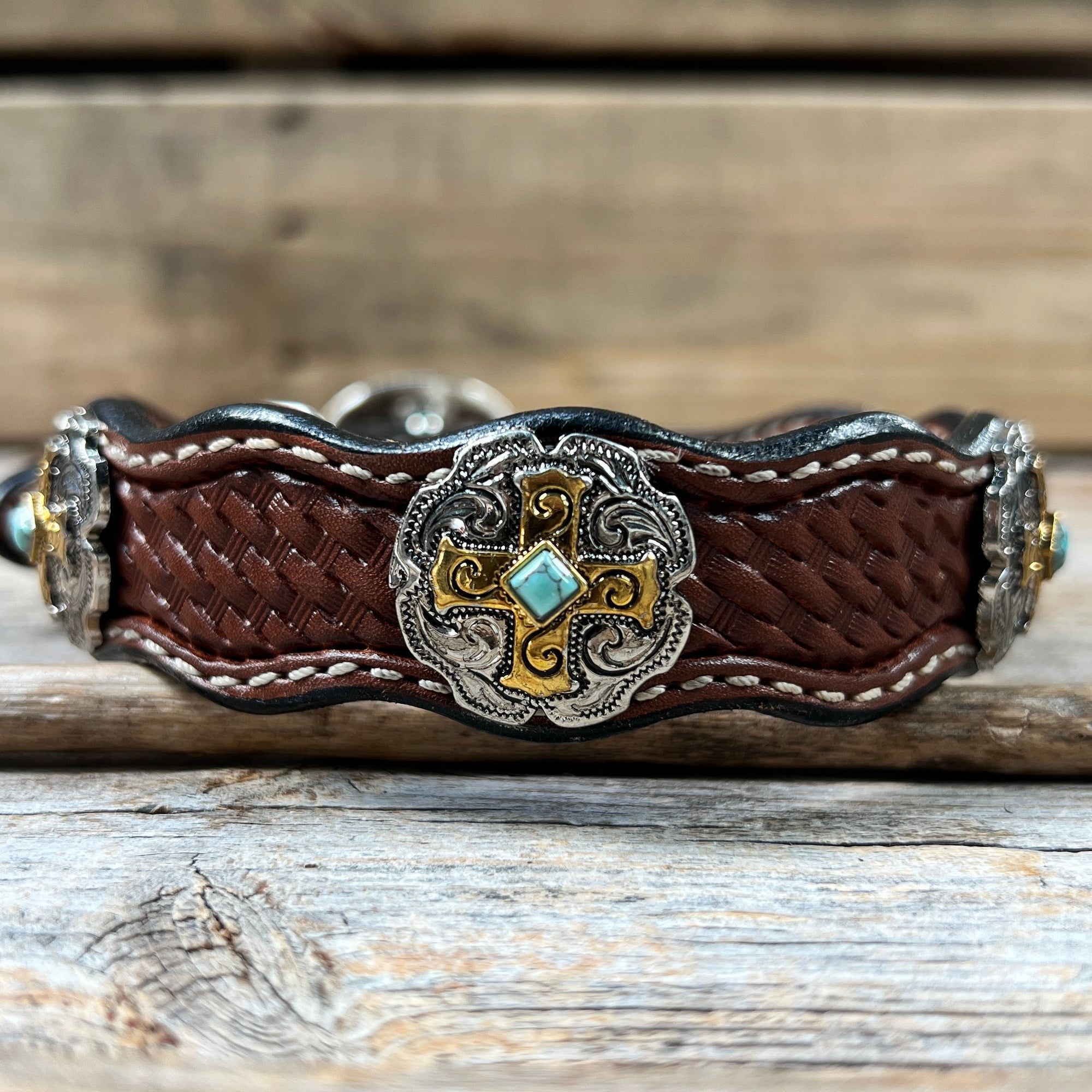 Leather Dog Collar With Gold Cross Conchos 10" to 22" W189S -DC63