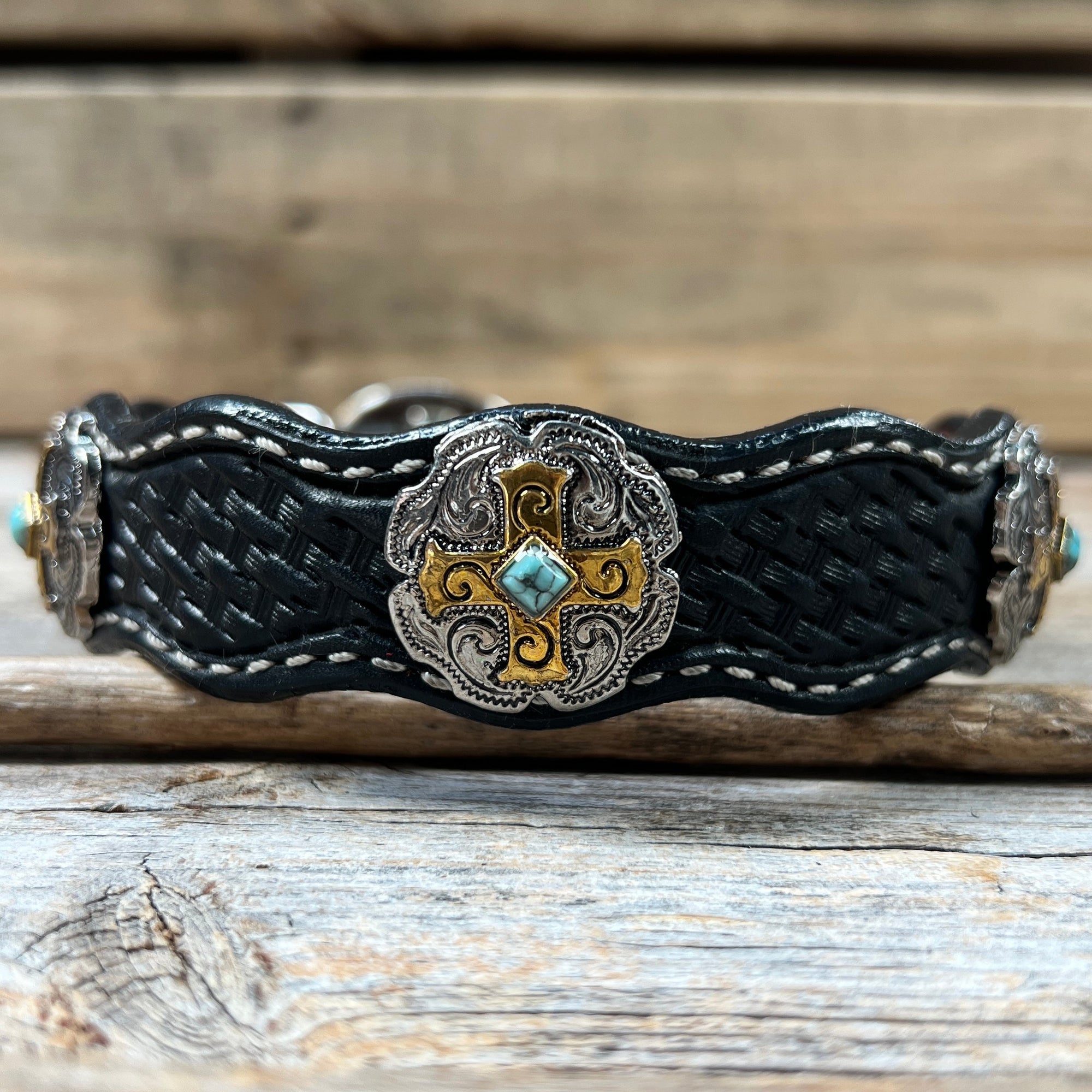 Leather Dog Collar With Gold Cross Conchos 10" to 22" W189S -DC63