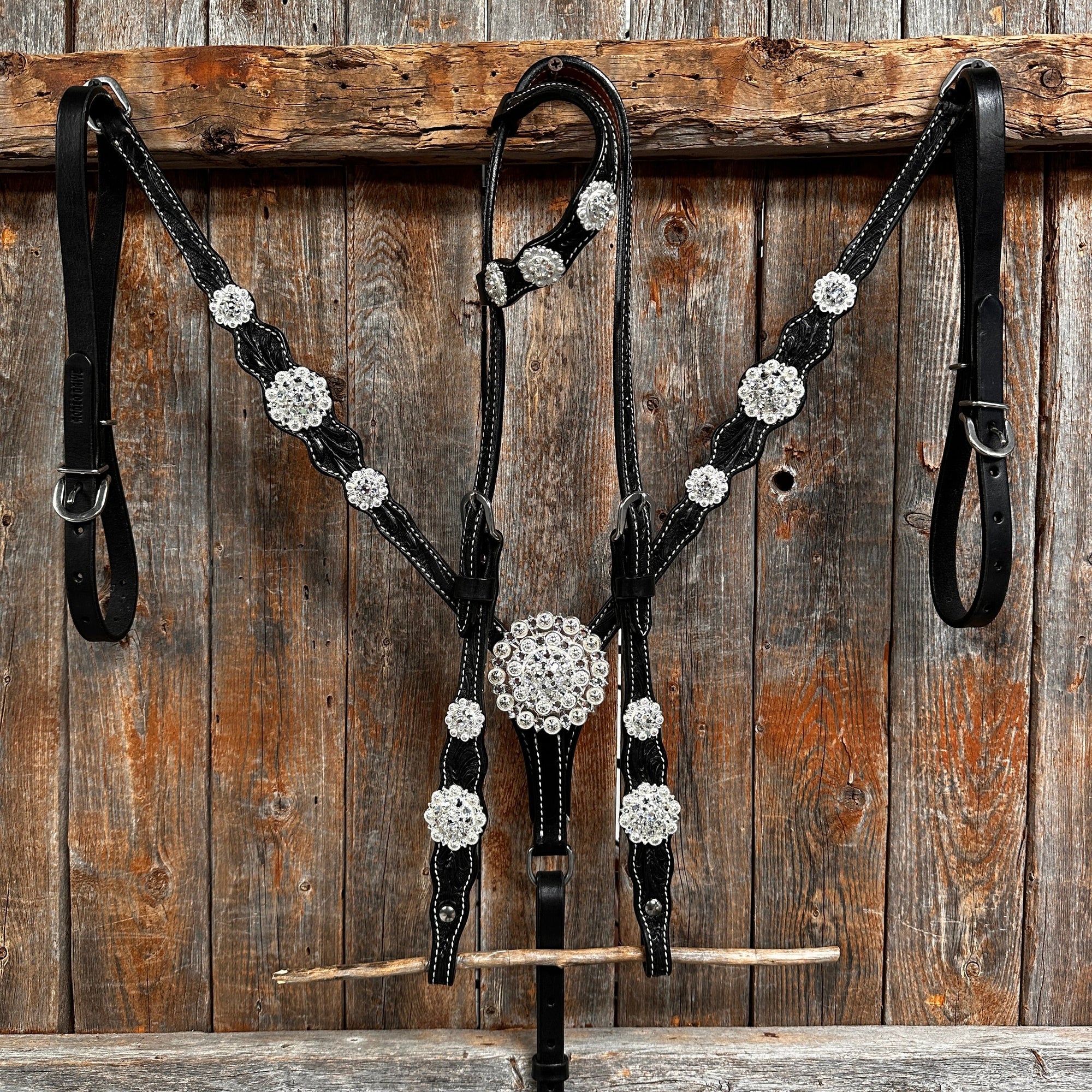Black Floral Bright Clear Browband / One Ear Tack Set 