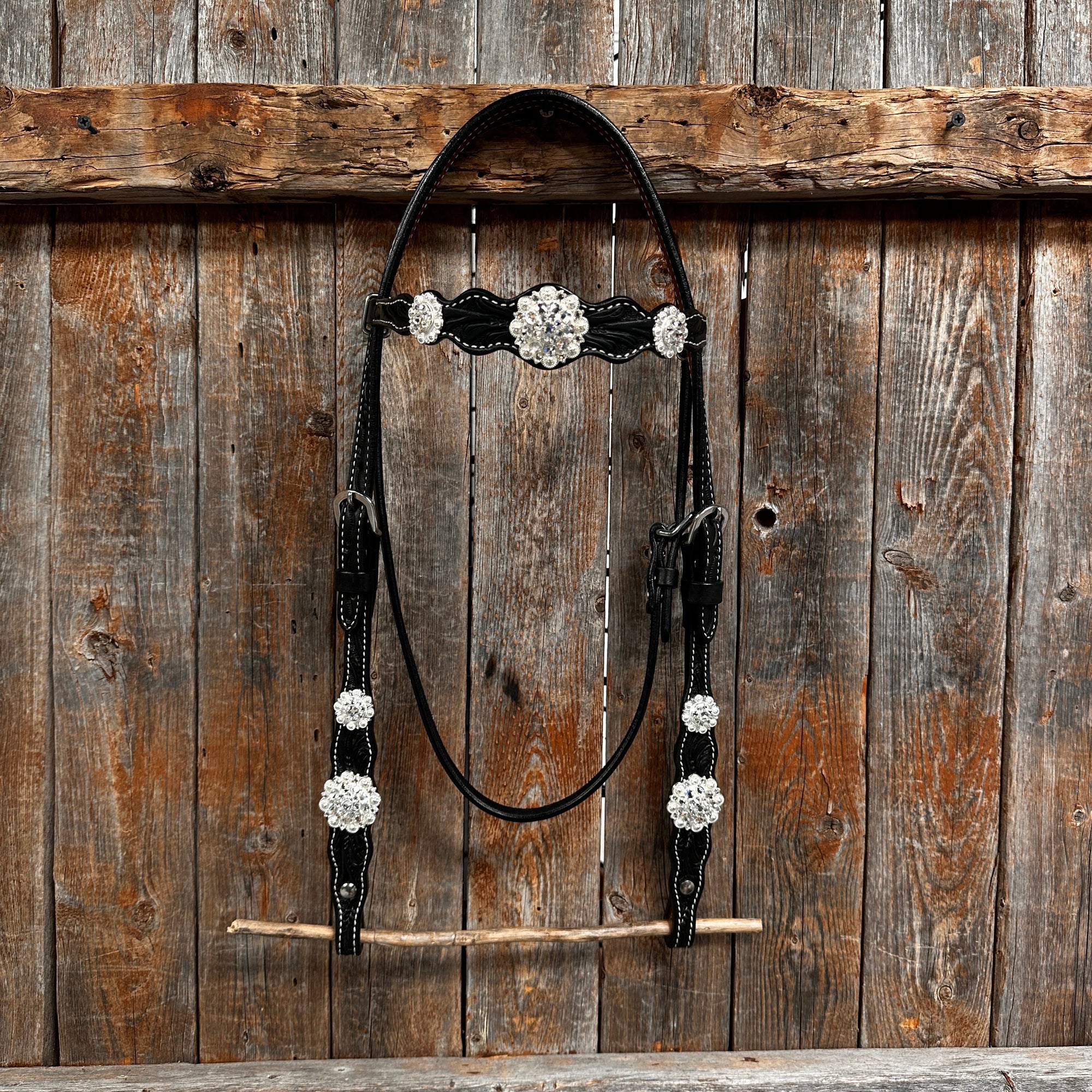 Black Floral Bright Clear Browband / One Ear Tack Set 