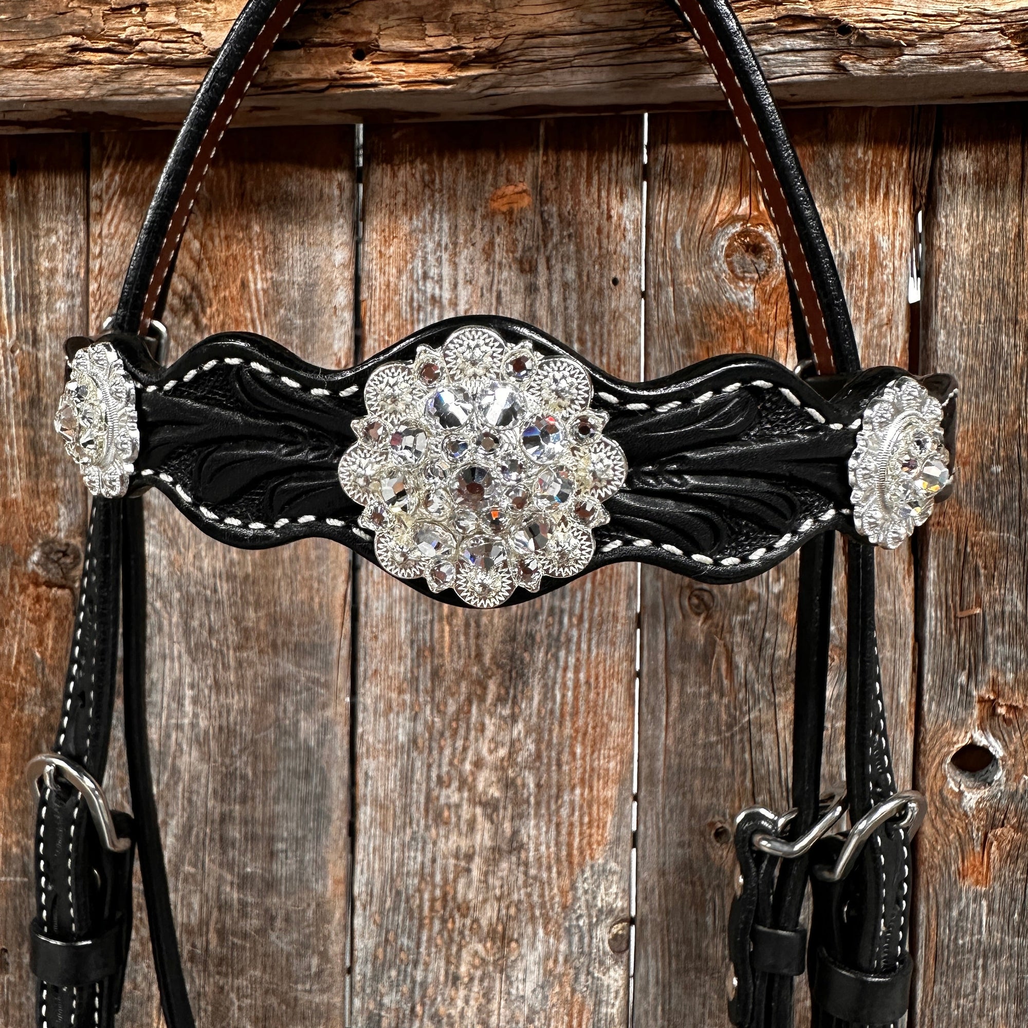 Black Floral Bright Clear Browband / One Ear Tack Set 