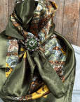 35X35" Olive Tone Paisley Wild Rag / Scarf -Copper Fern and Clear Slide WRC1001B