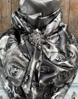 35X35" Grey Roses Wild Rag / Scarf -Antique Silver Clear Slide WRC1008A