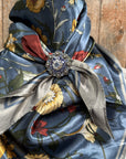 35X35" Grey and Blue Tulips and Lilies Wild Rag / Scarf -Antique Silver Light Sapphire, Clear and Lilac Slide WRC1010A