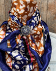 35X35" Blue and Orange Leopard Wild Rag / Scarf -Antique Silver Light Sapphire, Clear and Lilac Slide WRC1013A