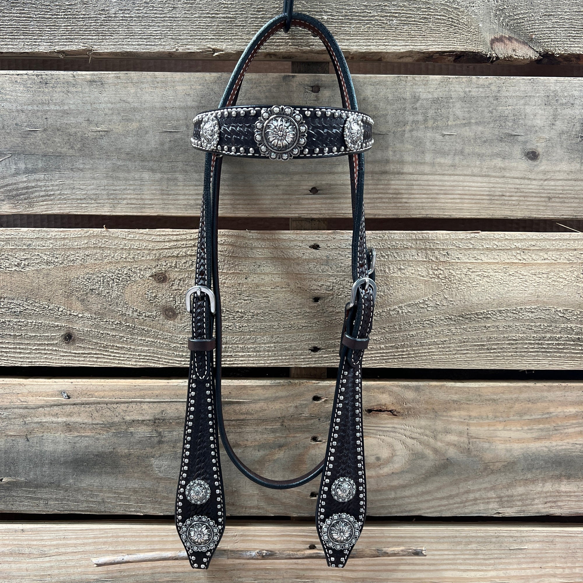 Dark Oil Silver Dot Antique Silver Floral Browband / One Ear Tack Set 