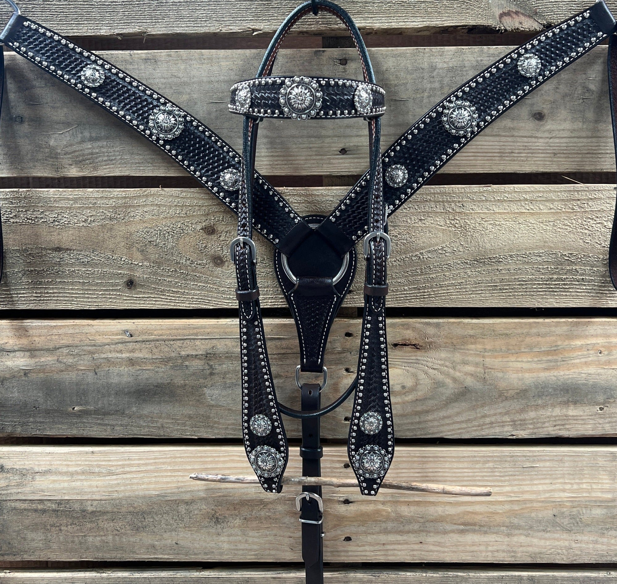 Dark Oil Silver Dot Antique Silver Floral Browband / One Ear Tack Set 