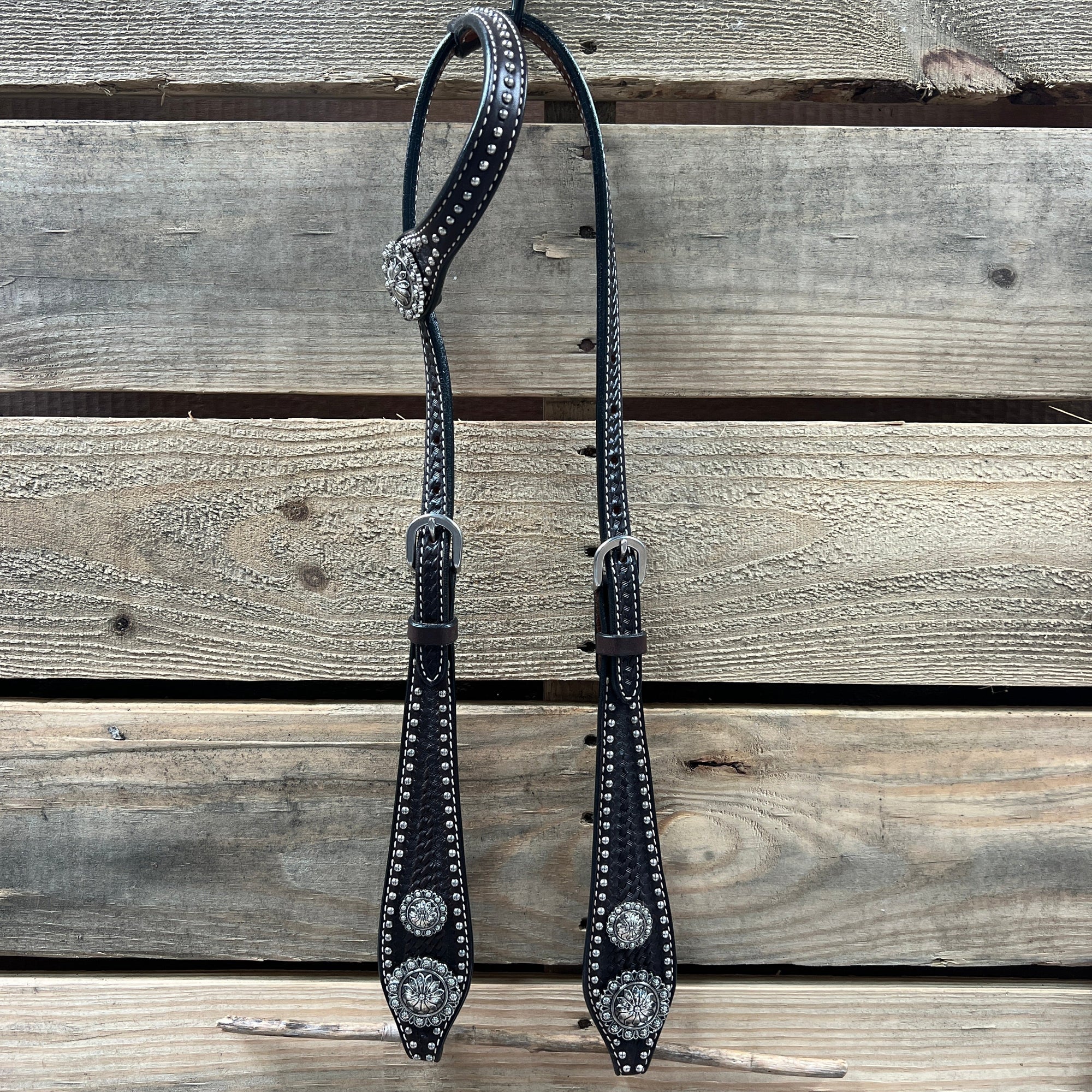 Dark Oil Silver Dot Antique Silver Floral Browband / One Ear Tack Set 