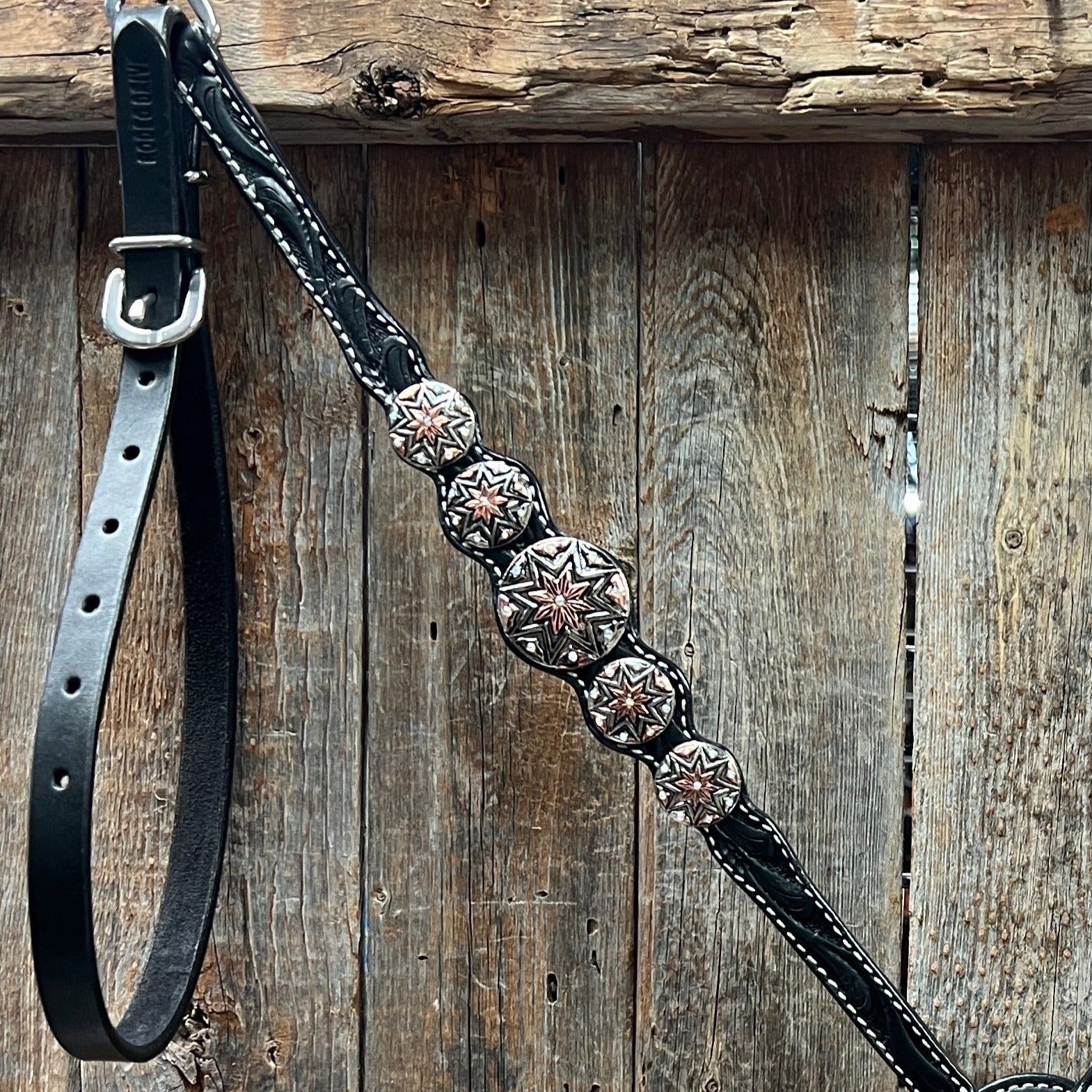 Black Floral Antique Silver Starburst Browband/One Ear Tack Set  