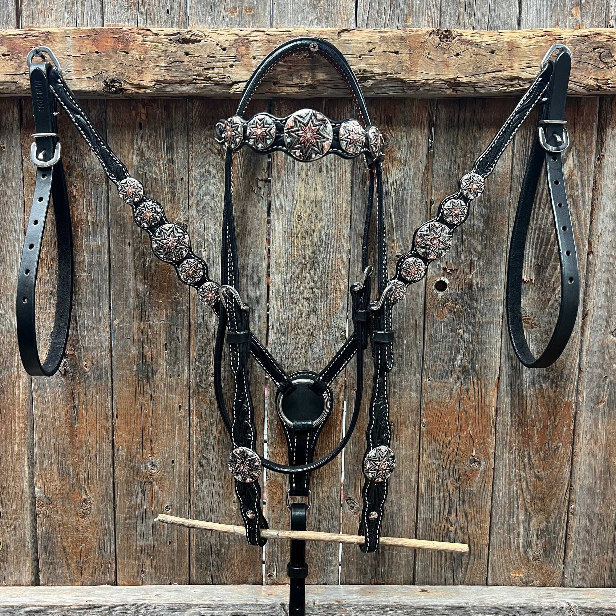 Black Floral Antique Silver Starburst Browband/One Ear Tack Set  