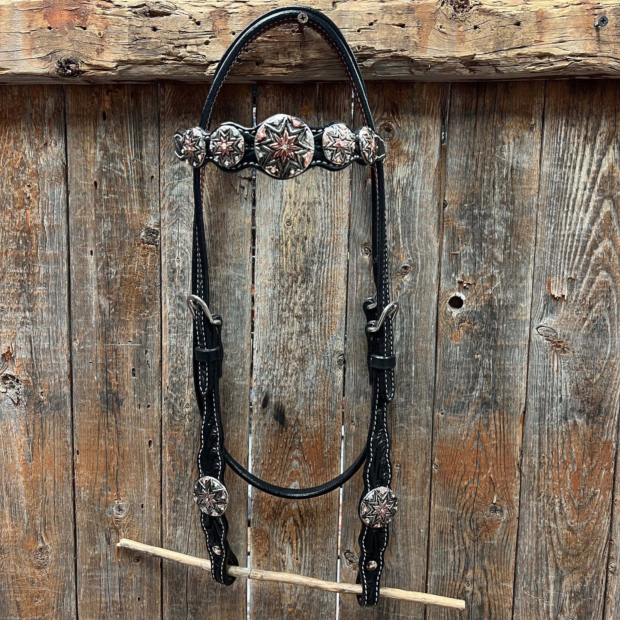 Black Floral Antique Silver Starburst Browband/One Ear Tack Set  