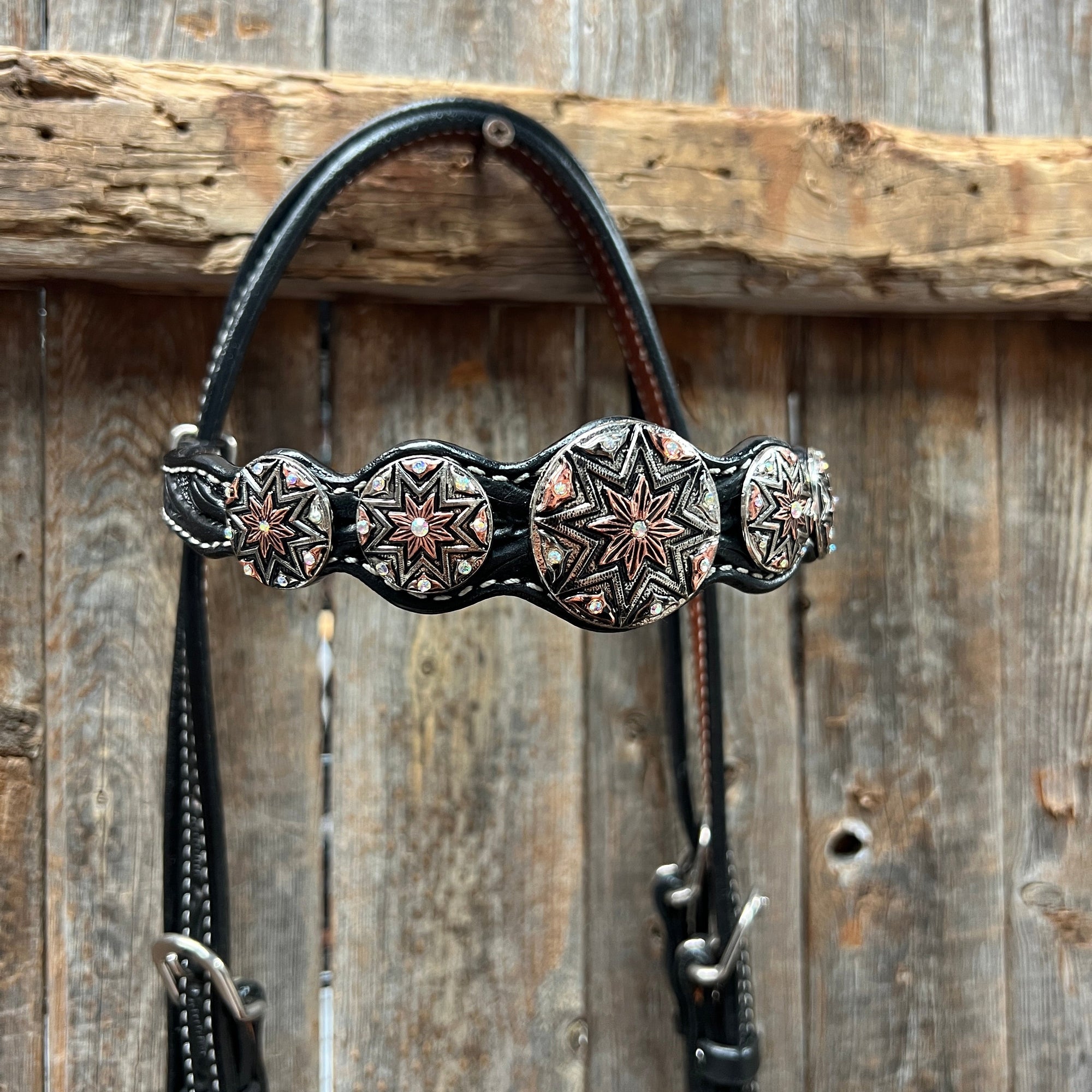 Black Floral Antique Silver Starburst Browband/One Ear Tack Set  