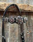 Black Floral Antique Silver Starburst Browband/One Ear Tack Set  
