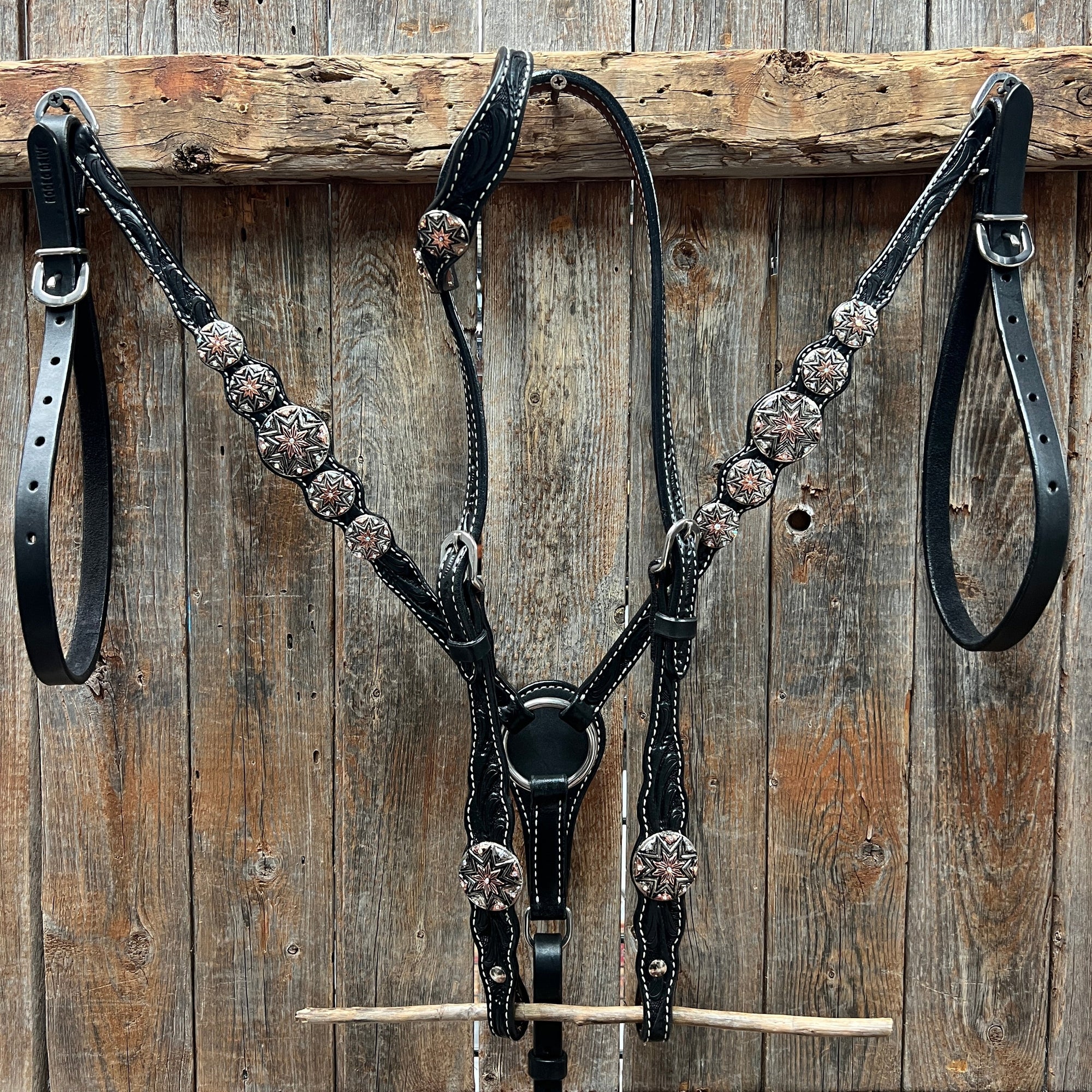 Black Floral Antique Silver Starburst Browband/One Ear Tack Set  