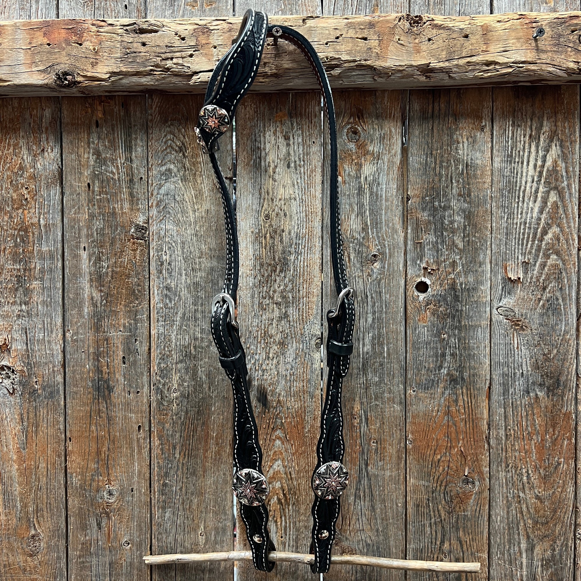 Black Floral Antique Silver Starburst Browband/One Ear Tack Set  