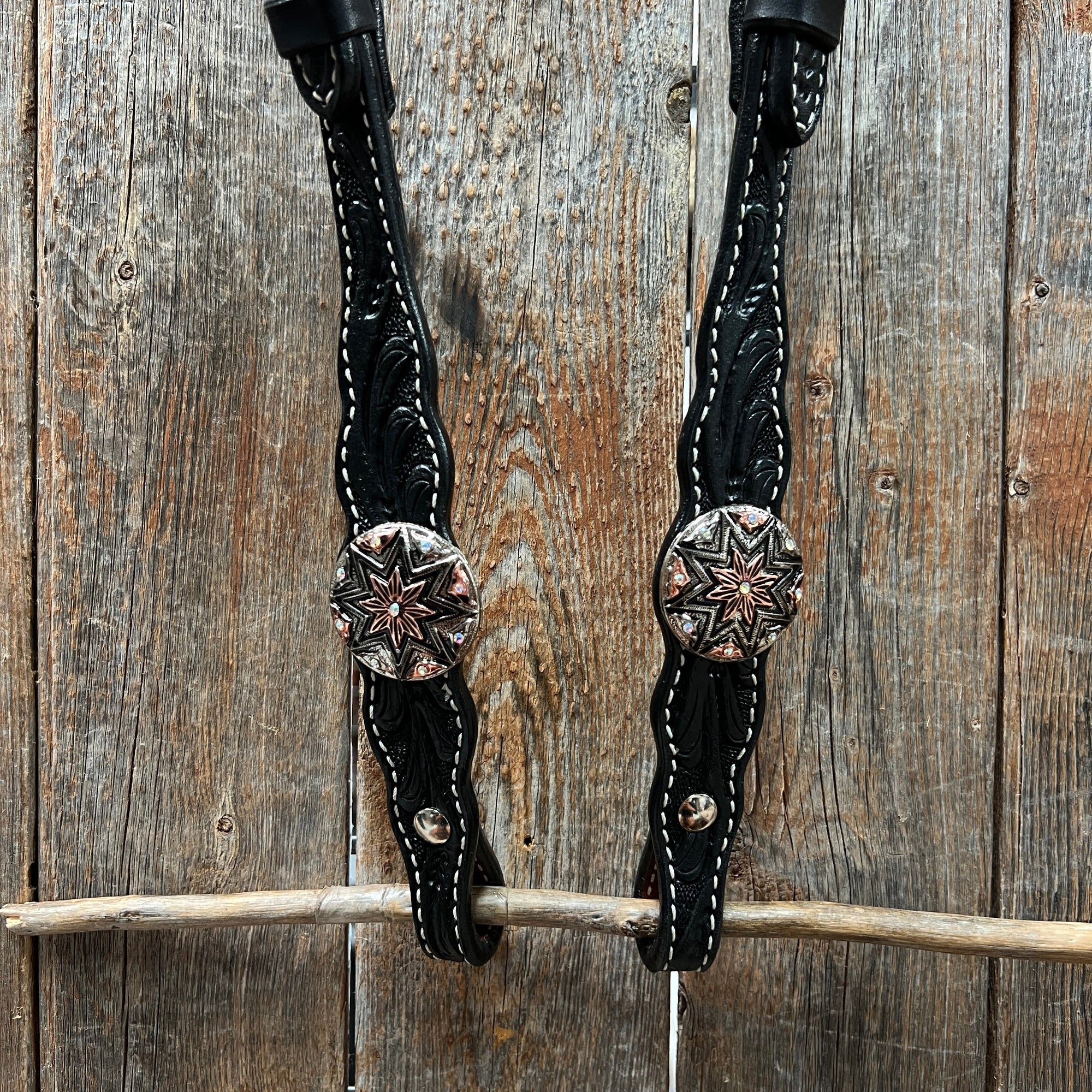 Black Floral Antique Silver Starburst Browband/One Ear Tack Set  
