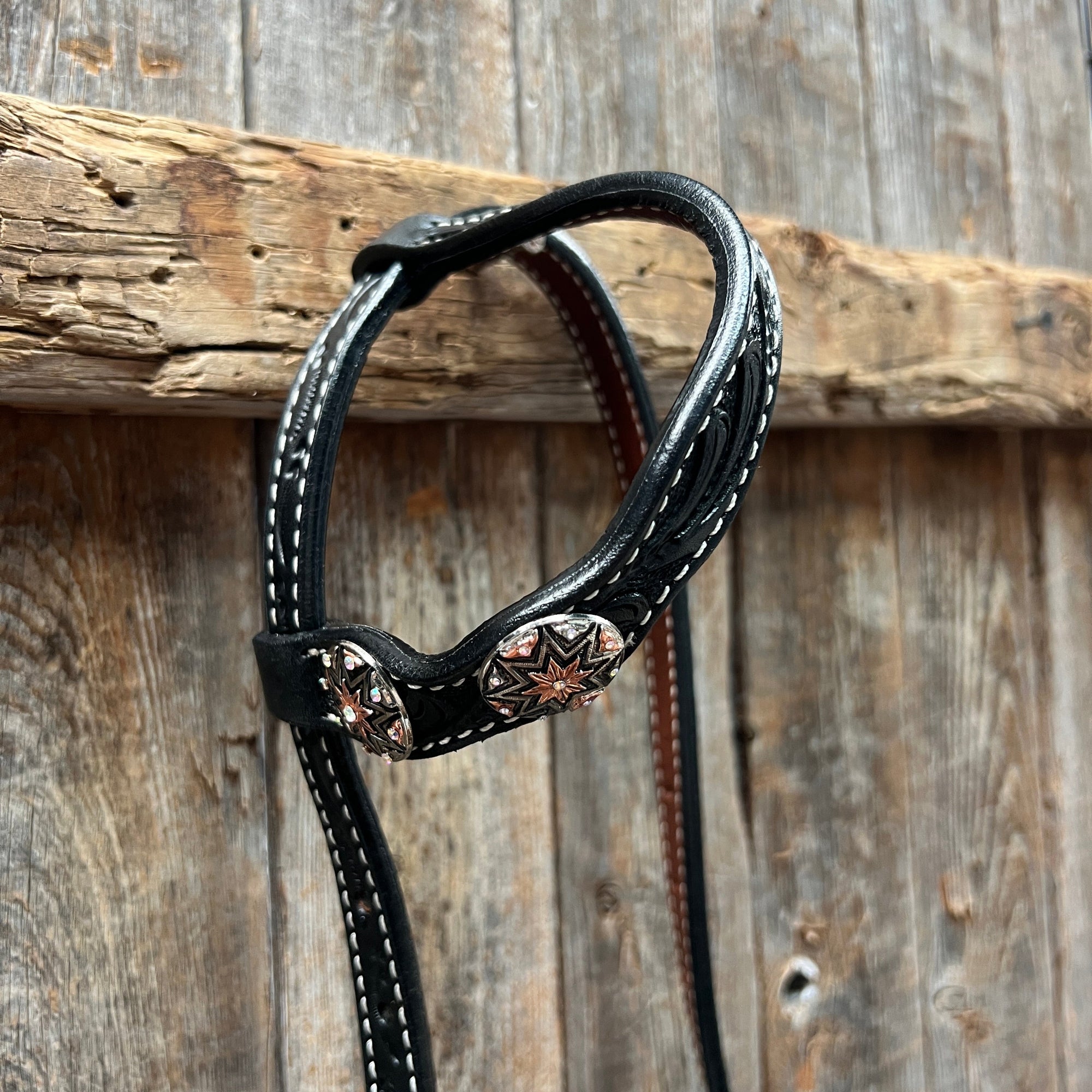 Black Floral Antique Silver Starburst Browband/One Ear Tack Set  
