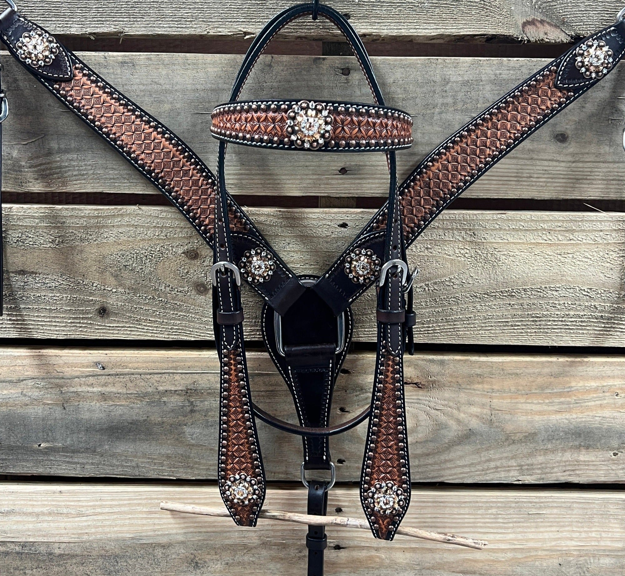 Two Tone Honeycomb Copper Dot Champagne and Clear Browband / Breastcollar Tack Set 