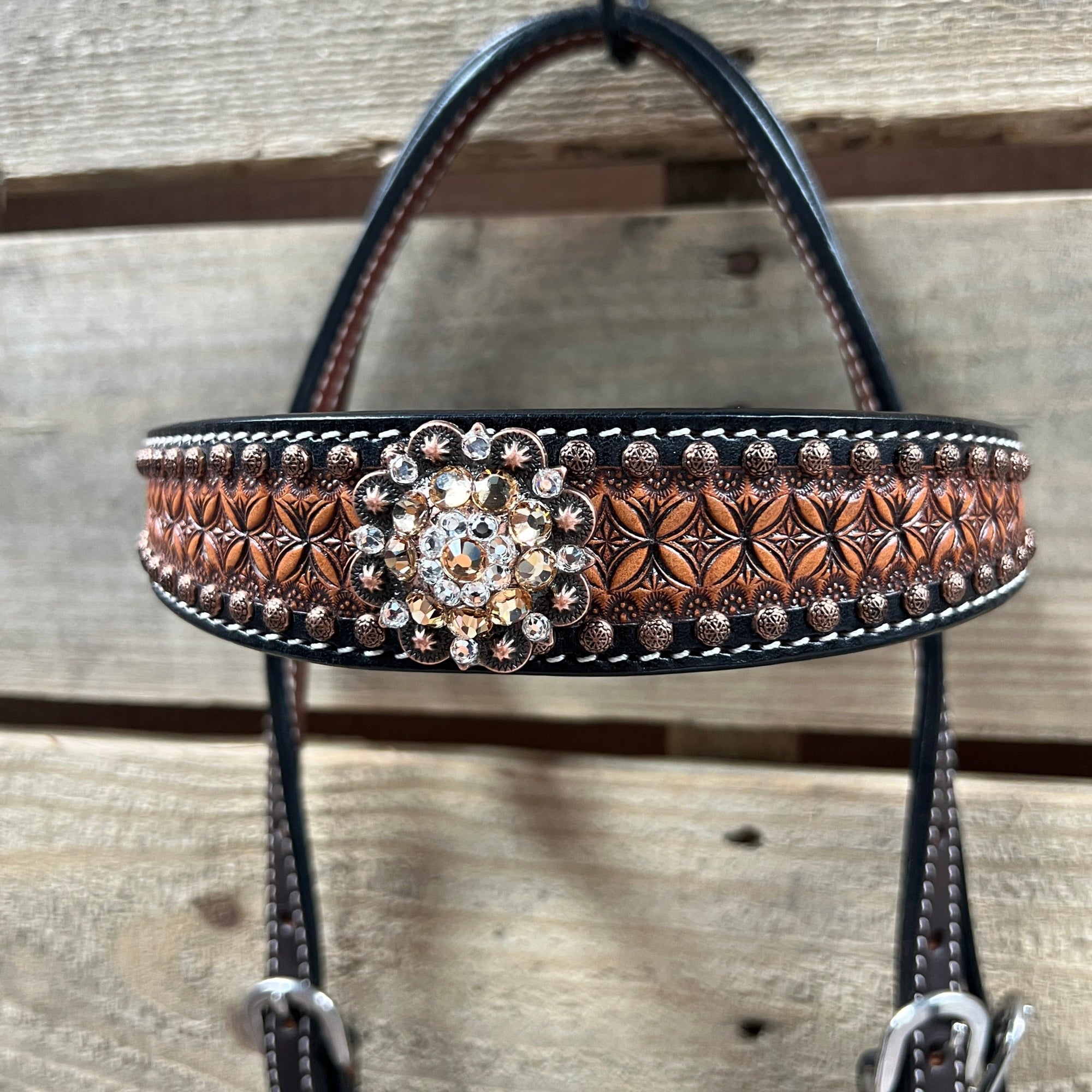 Two Tone Honeycomb Copper Dot Champagne and Clear Browband / Breastcollar Tack Set 