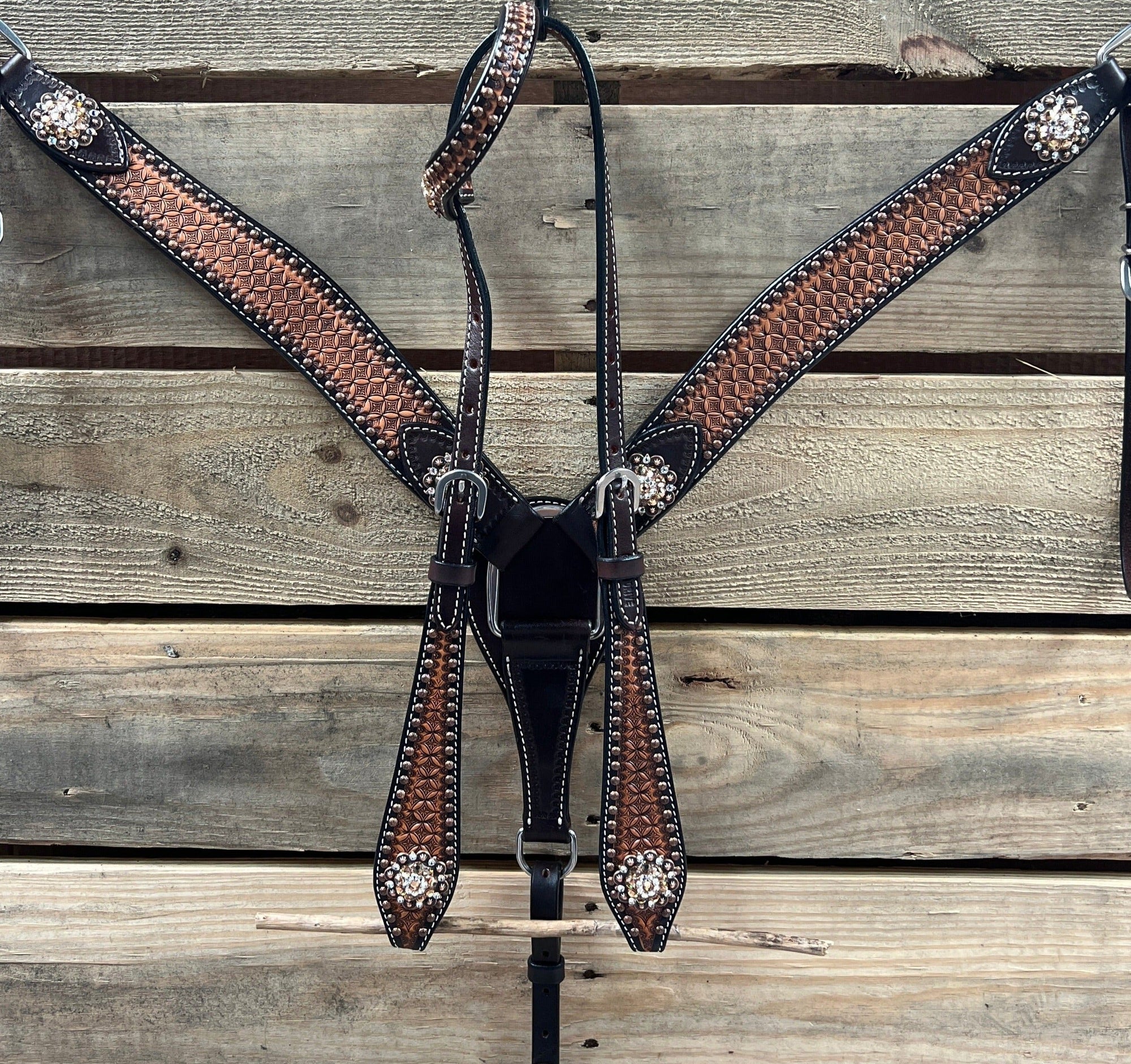 Two Tone Honeycomb Copper Dot Champagne and Clear Browband / Breastcollar Tack Set 