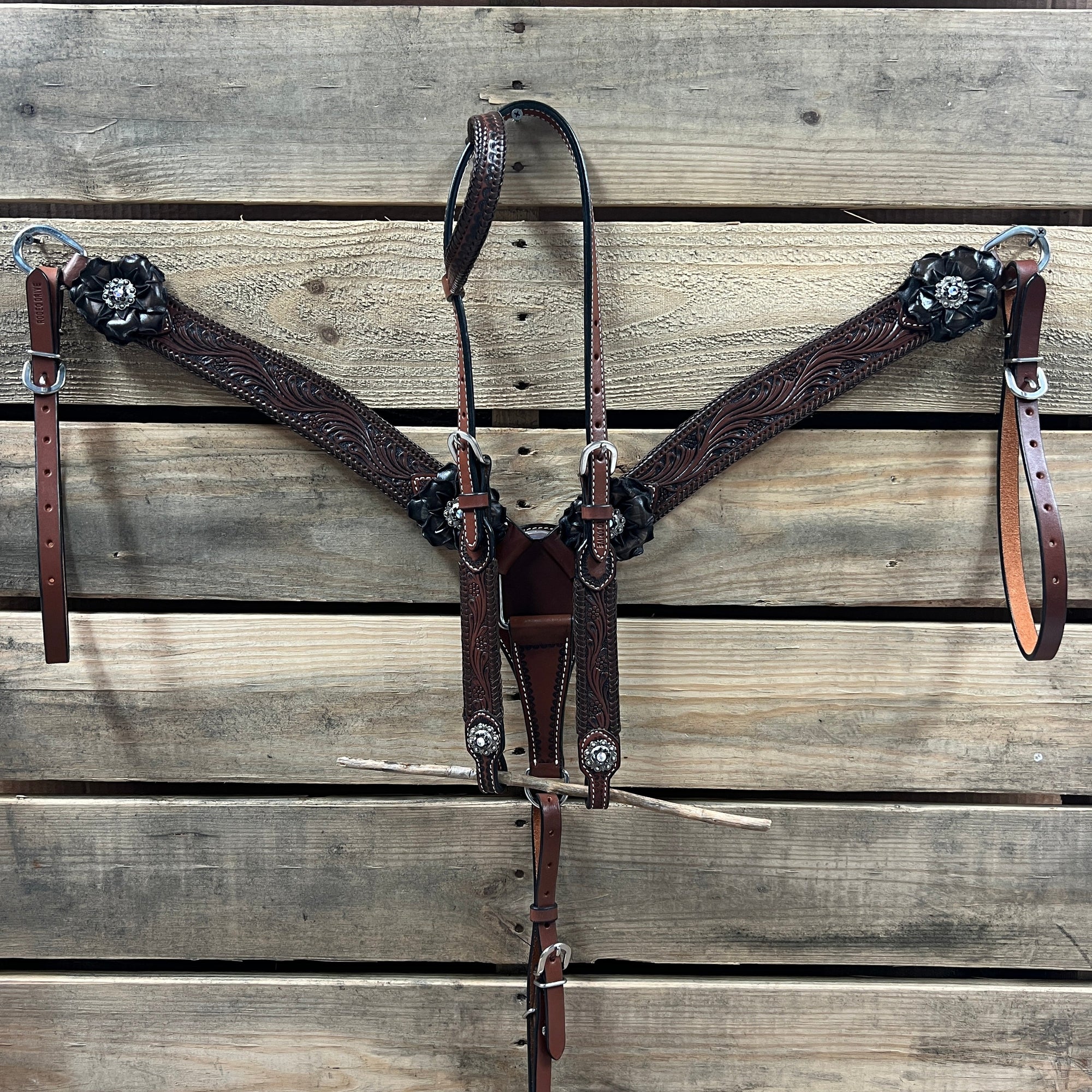 Dark Oil Braid Jet and AB Browband / One Ear Tack Set  