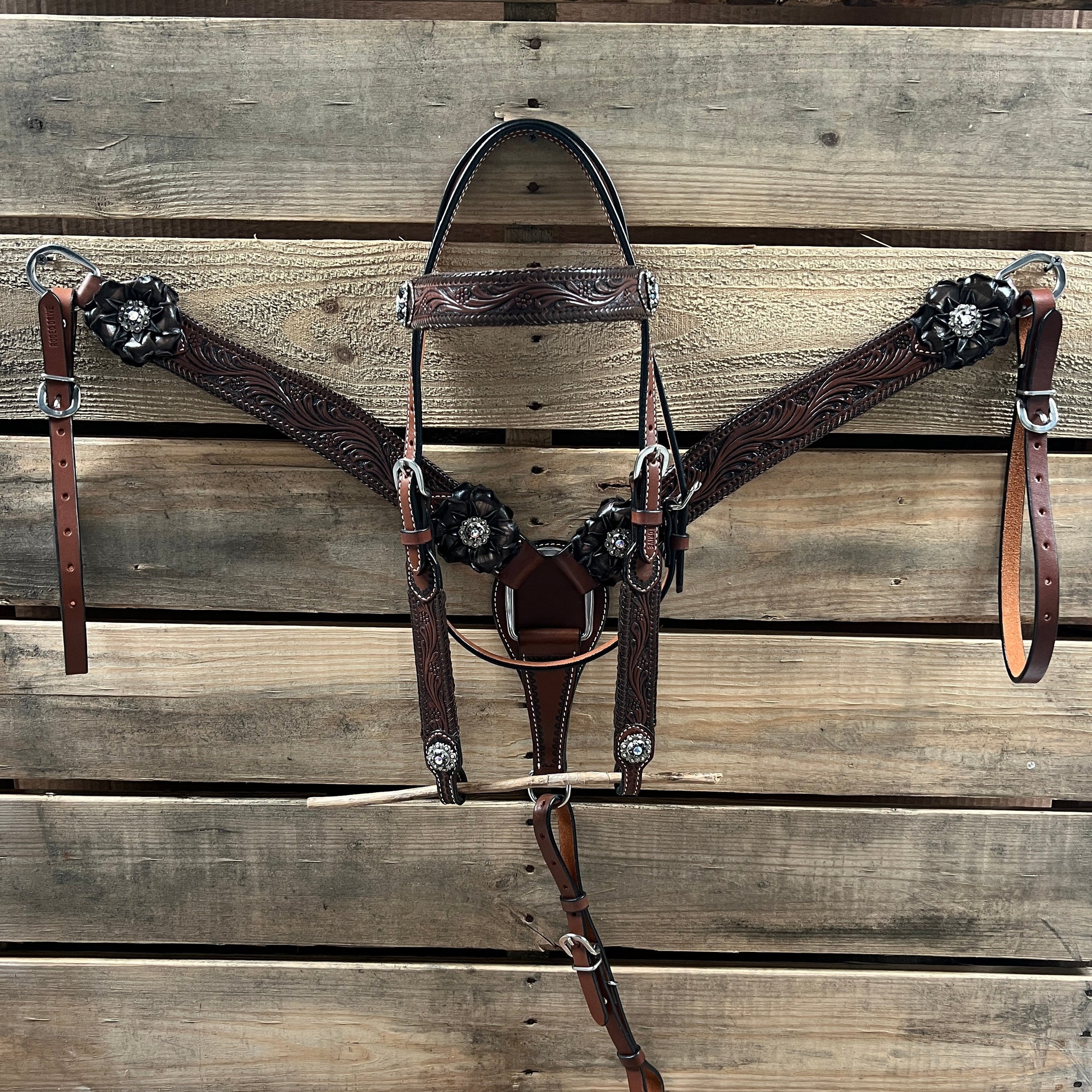 Dark Oil Braid Jet and AB Browband / One Ear Tack Set  
