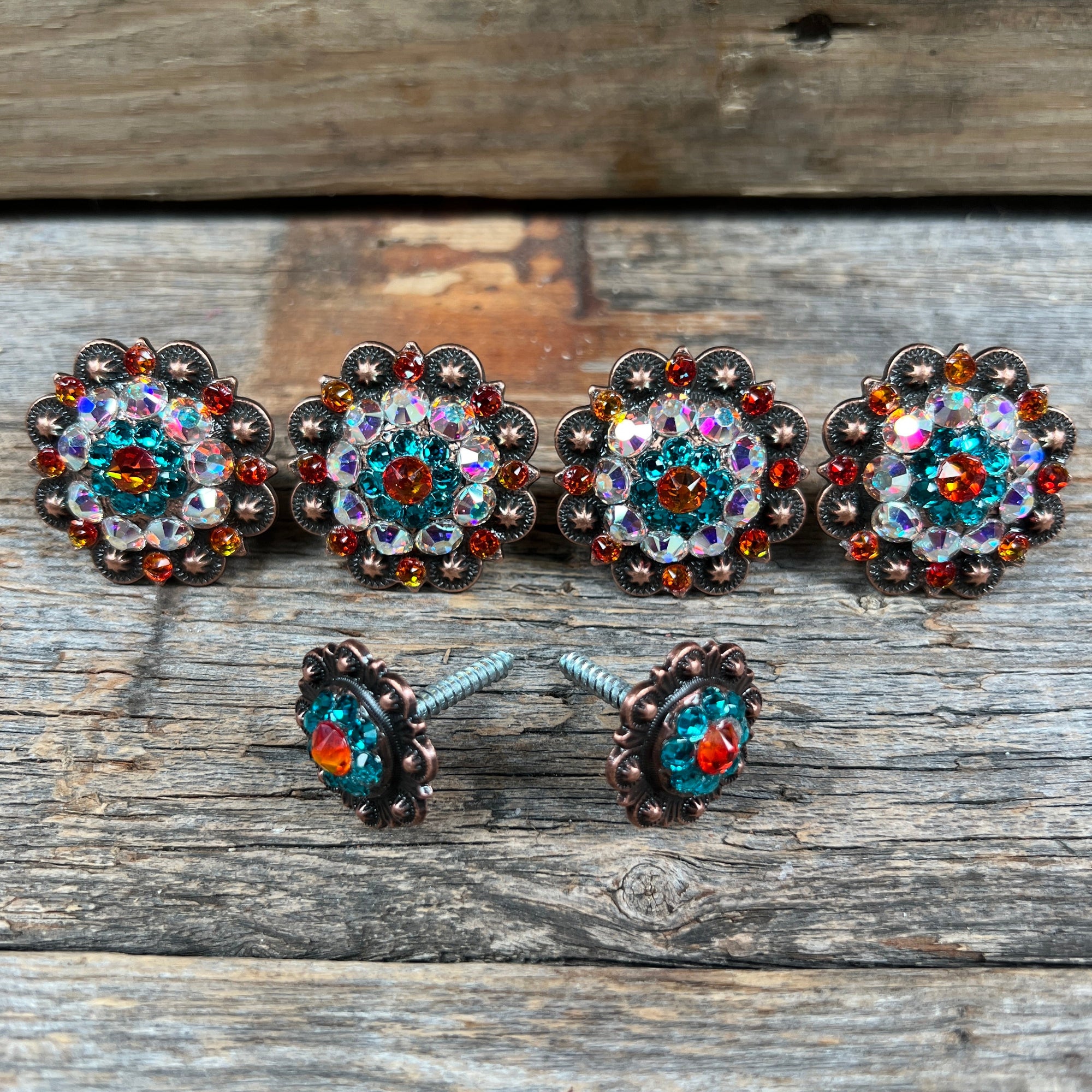 Copper Fire Opal Teal &amp; AB Saddle Conchos