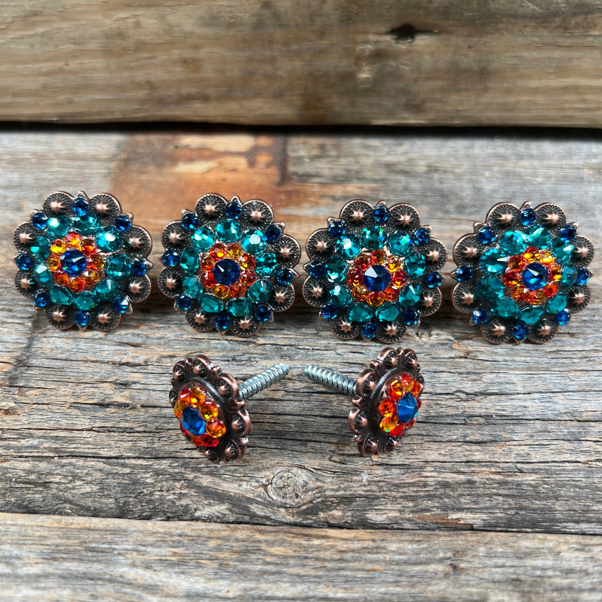Copper Capri Fire Opal &amp; Teal Saddle Conchos
