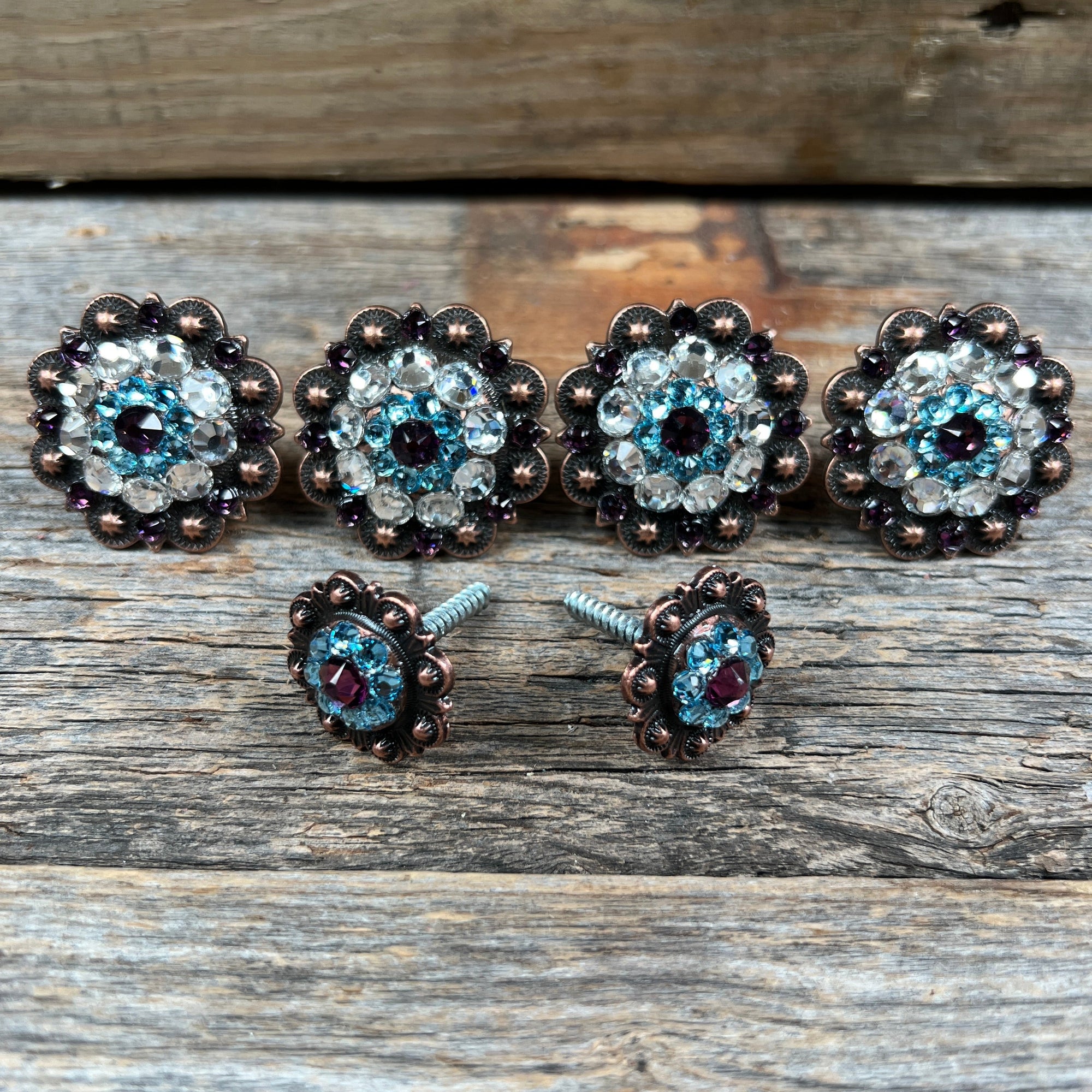 Copper Amethyst Aqua &amp; Clear Saddle Conchos